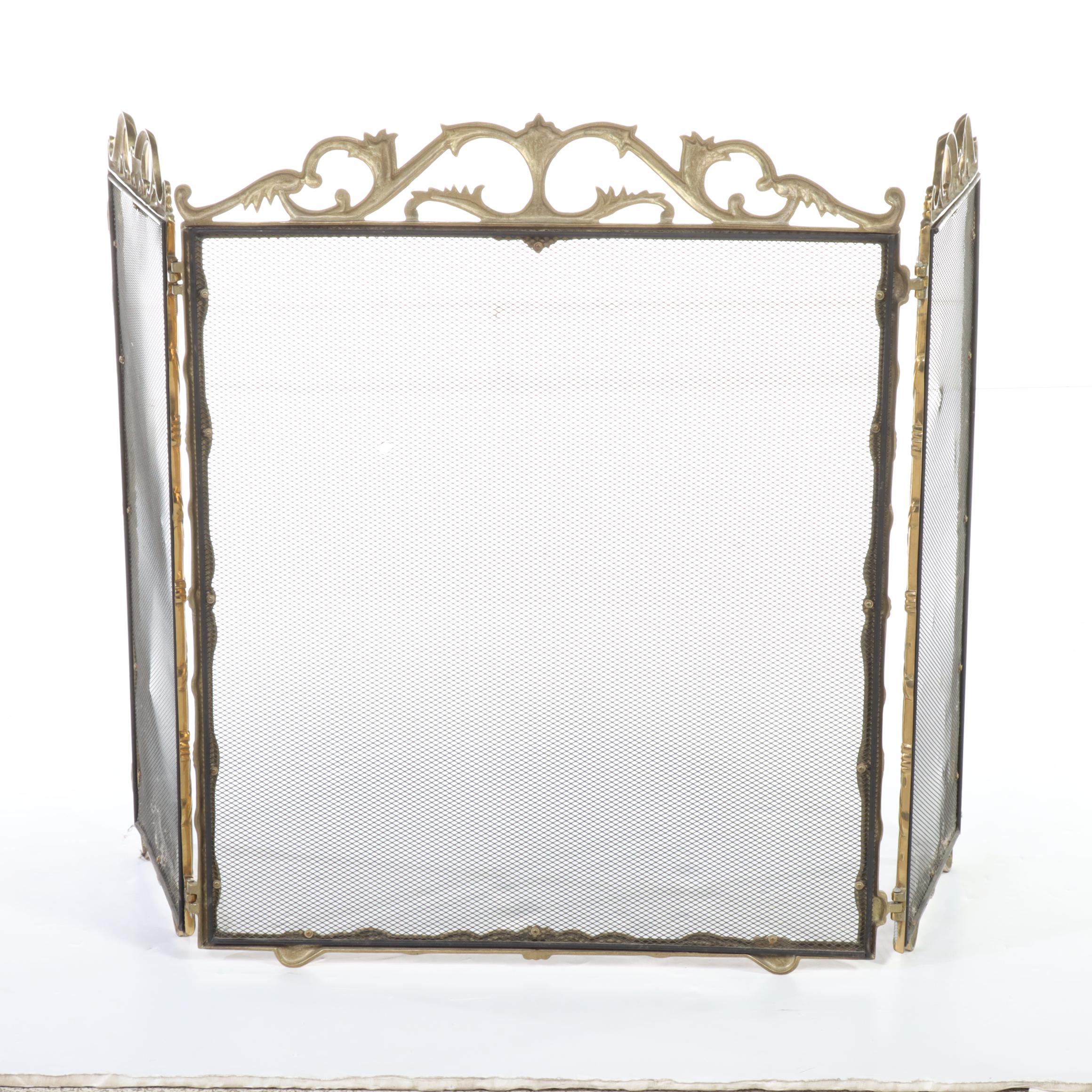 Baroque Style Brass and Wire Mesh Fireplace Screen