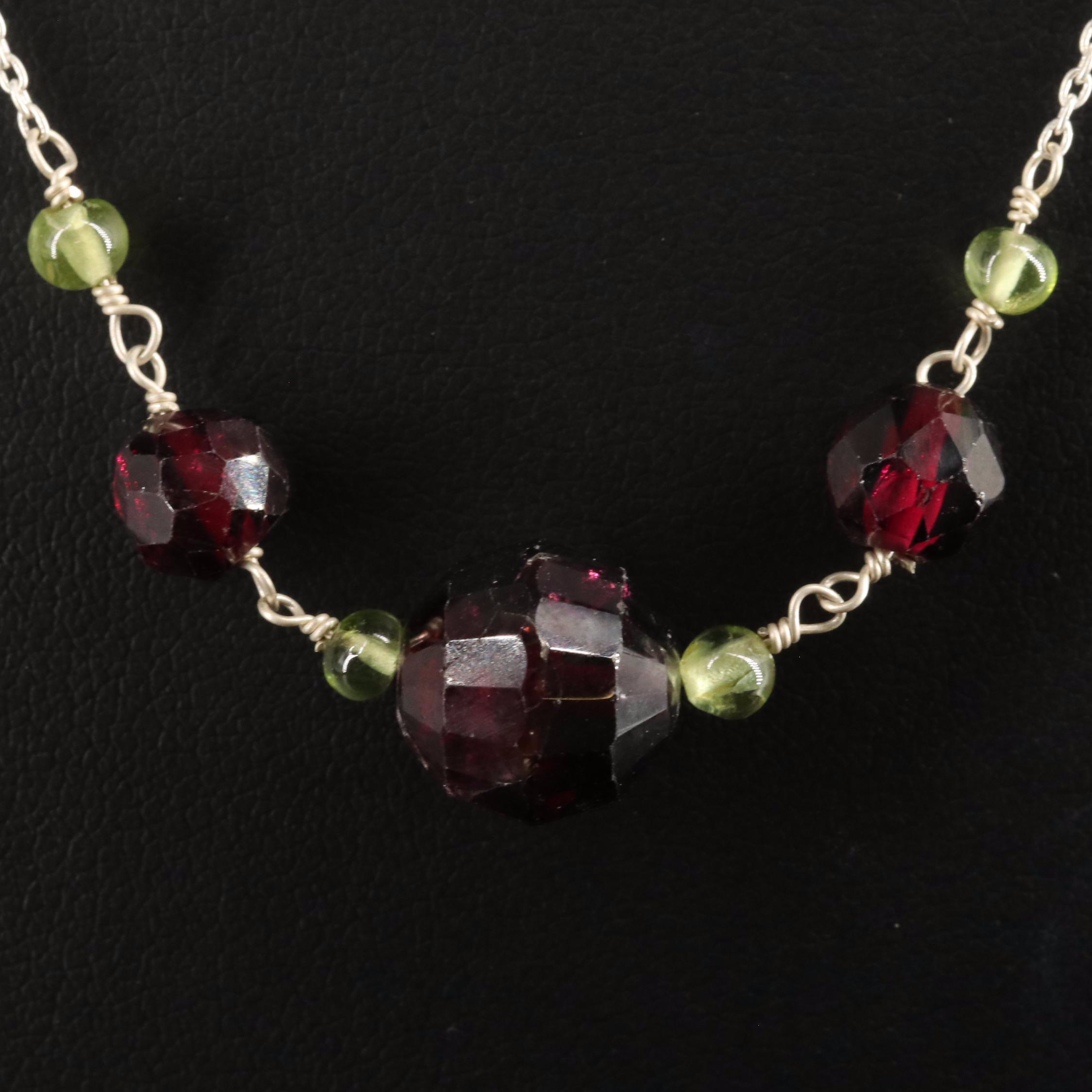 Sterling Garnet and Peridot Station Necklace