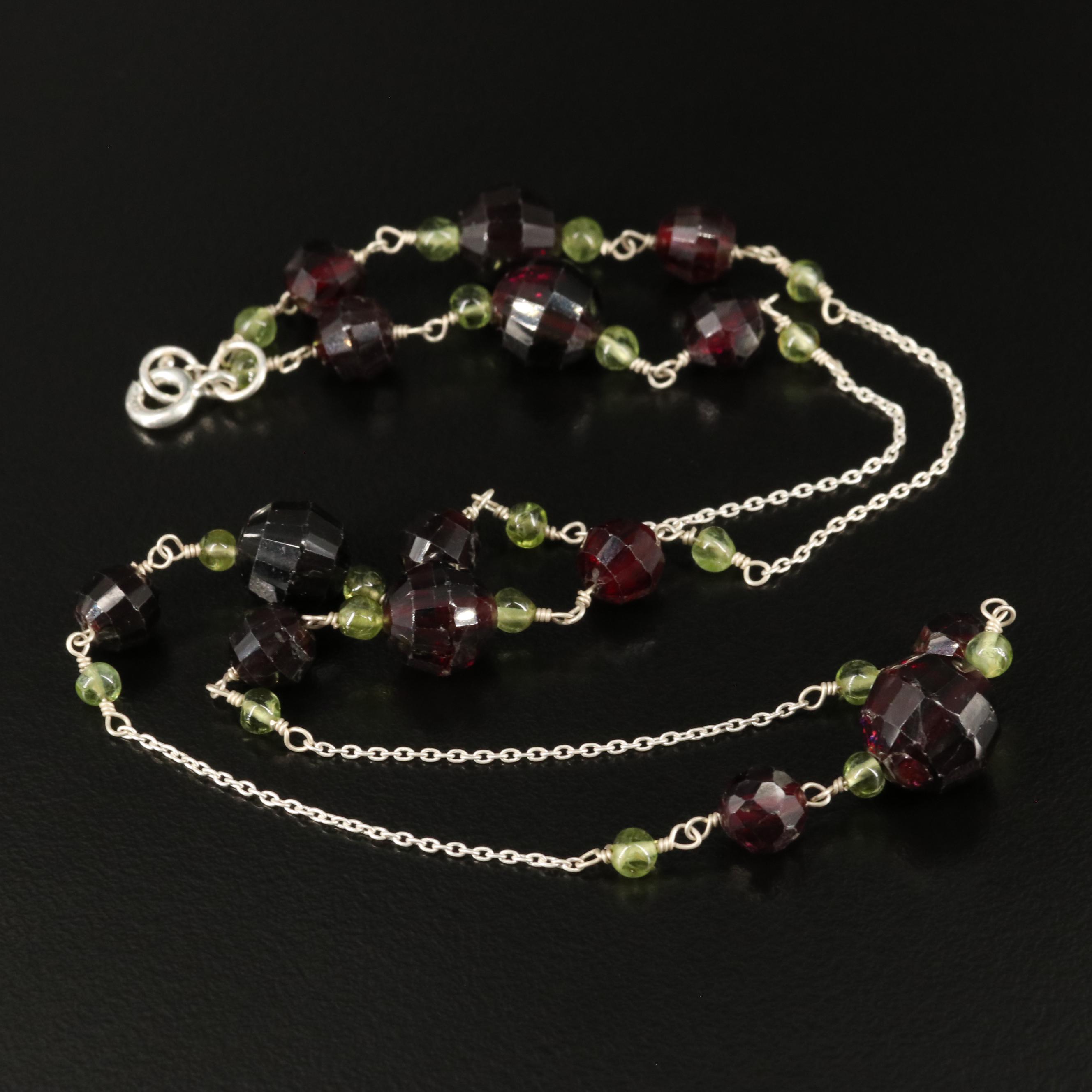 Sterling Garnet and Peridot Station Necklace