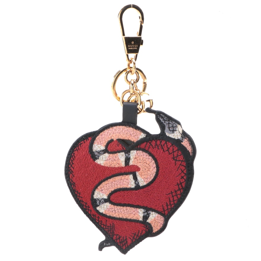Gucci Embroidered Snake and Heart Bag Charm with GG Supreme Canvas