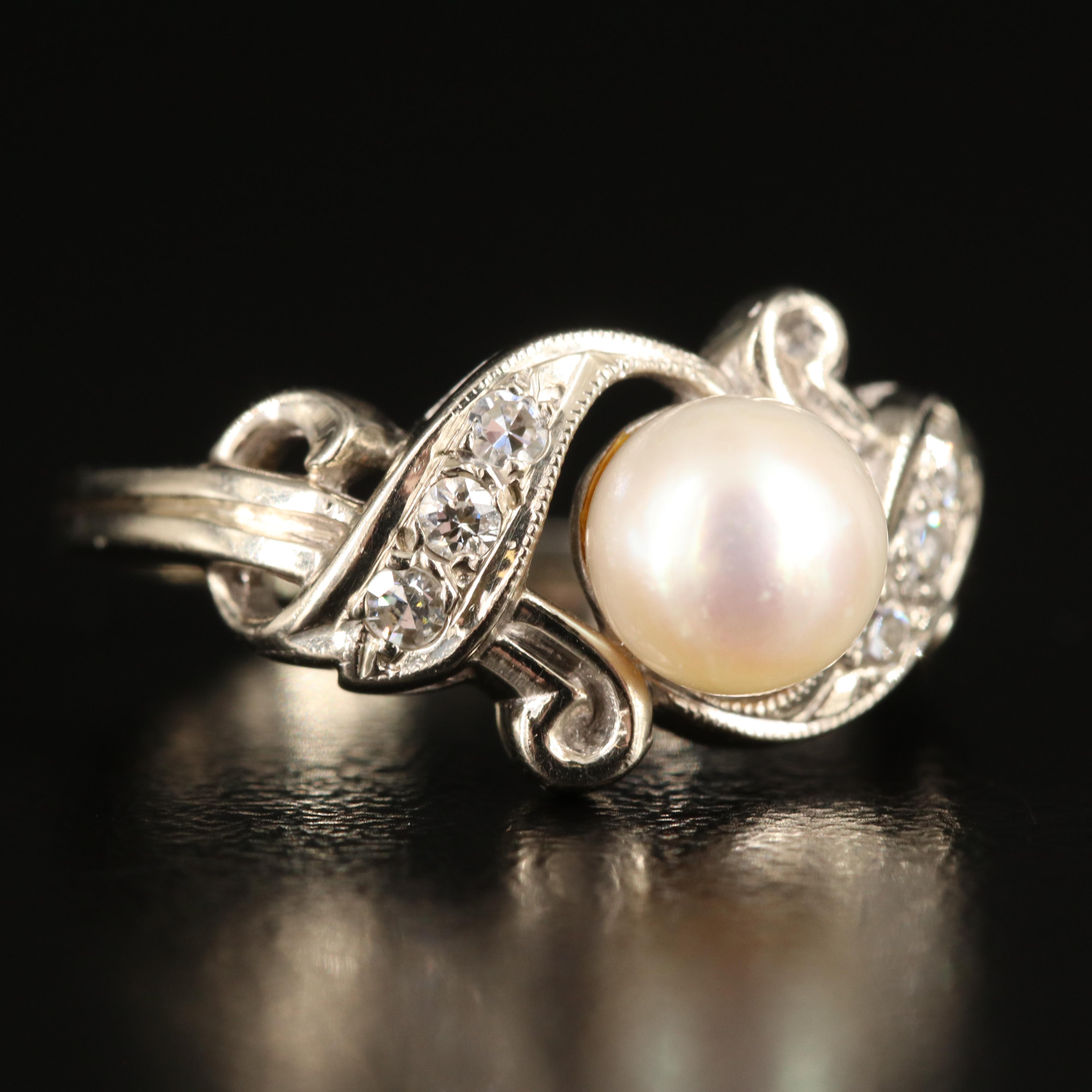14K Pearl Pendant and Ring with Diamonds and 18K Contour Band