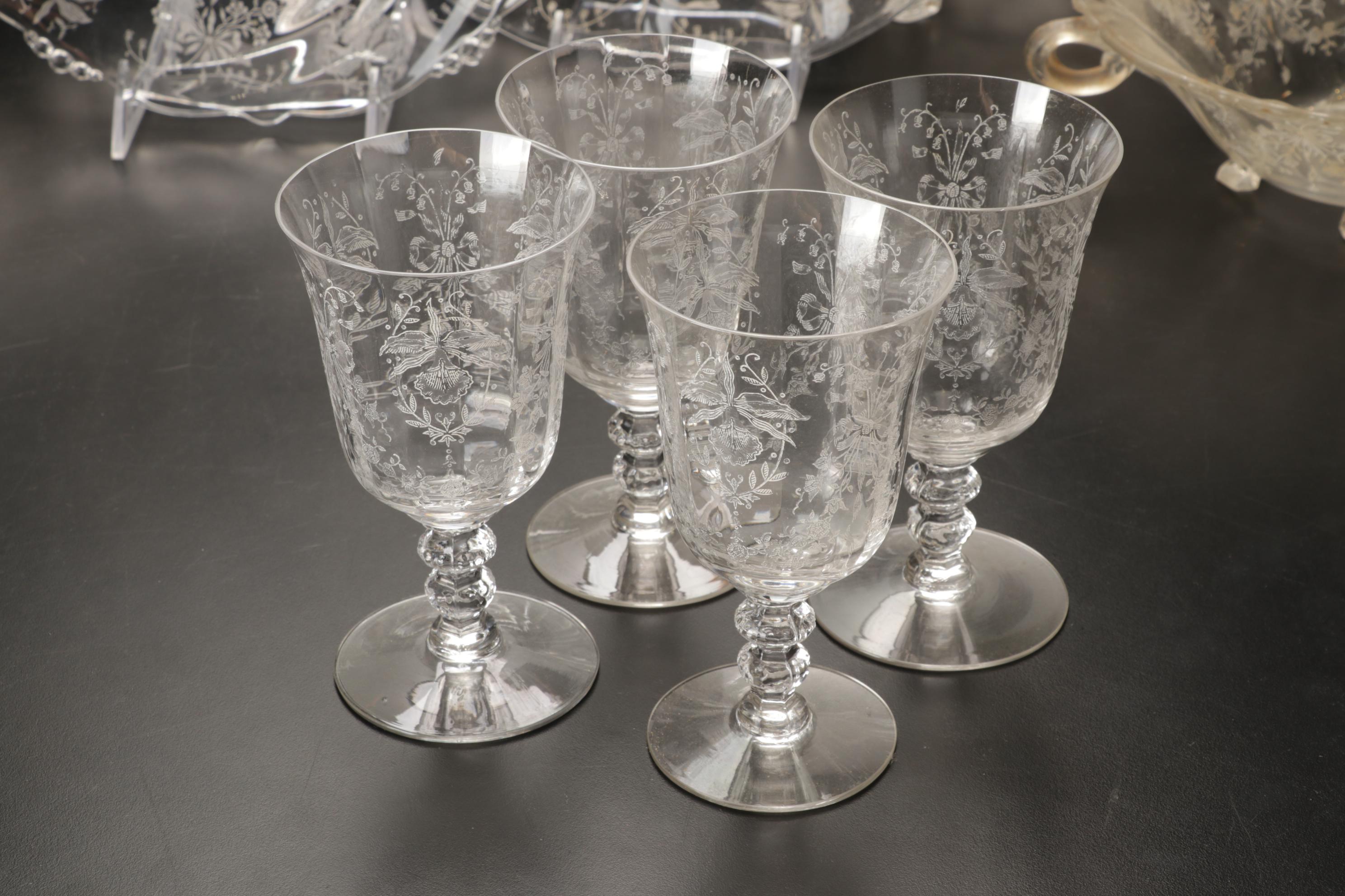 Heisey Etched Glass "Orchid" and Other Stemware and Table Accessories