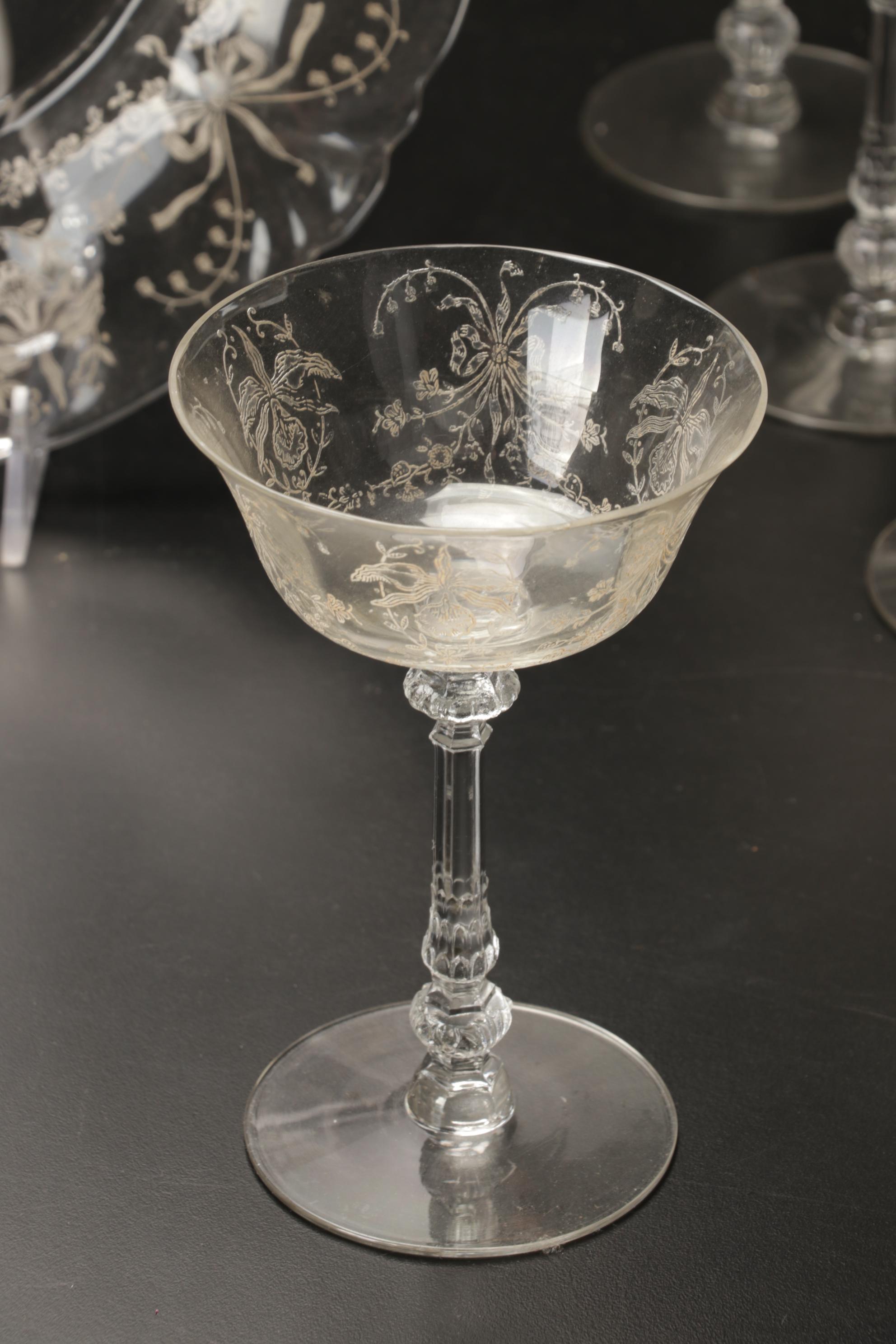 Heisey Etched Glass "Orchid" and Other Stemware and Table Accessories