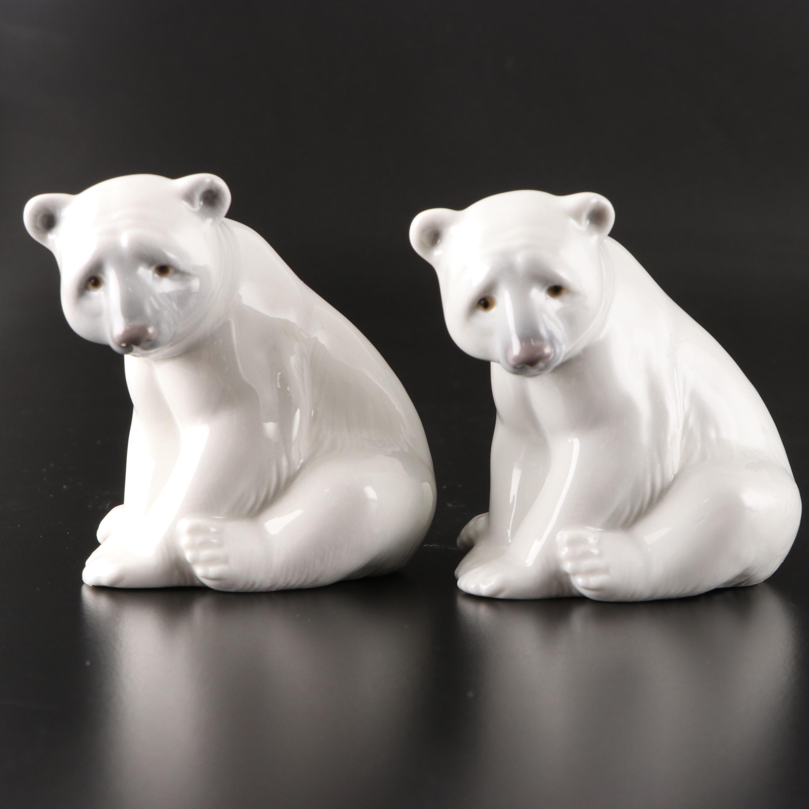 Lladró "Seated Polar Bear" and "Attentive Polar Bear" Porcelain Figurines