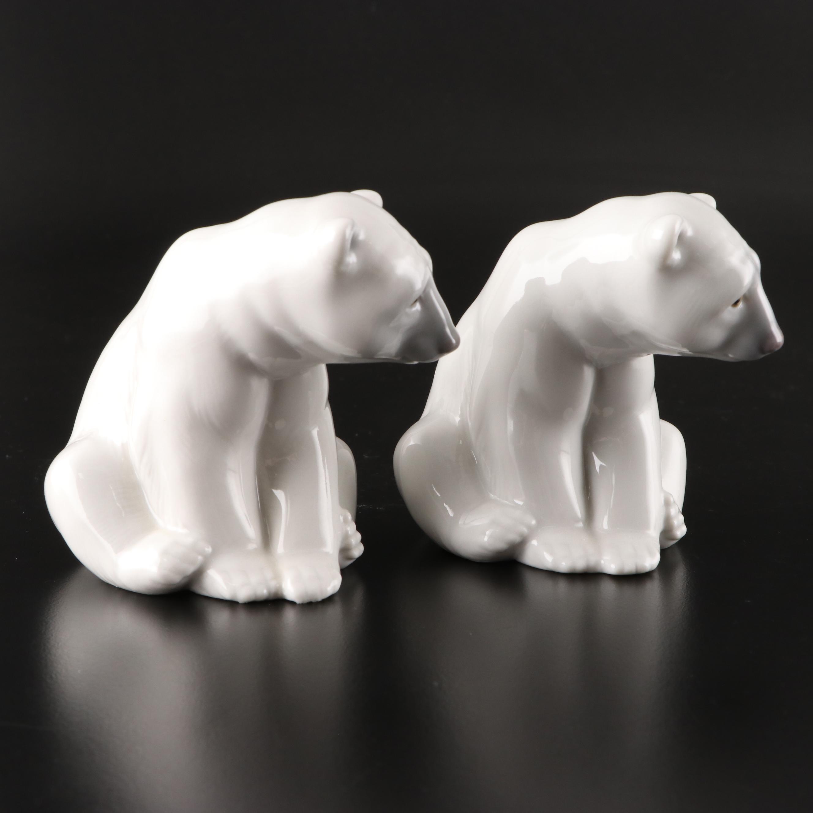 Lladró "Seated Polar Bear" and "Attentive Polar Bear" Porcelain Figurines
