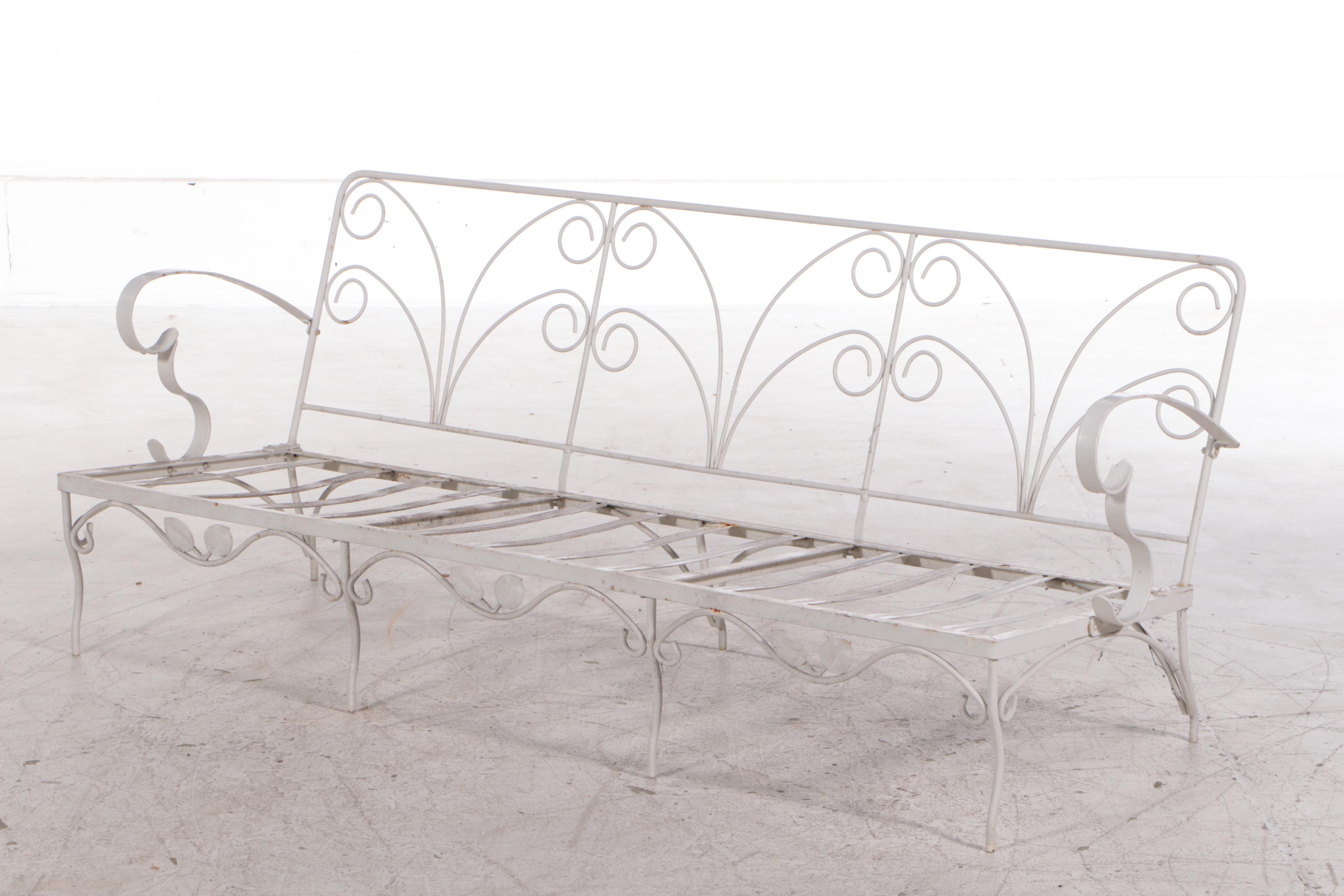 Mid Century Modern White Painted Wrought Iron Patio Sofa and Coffee Table