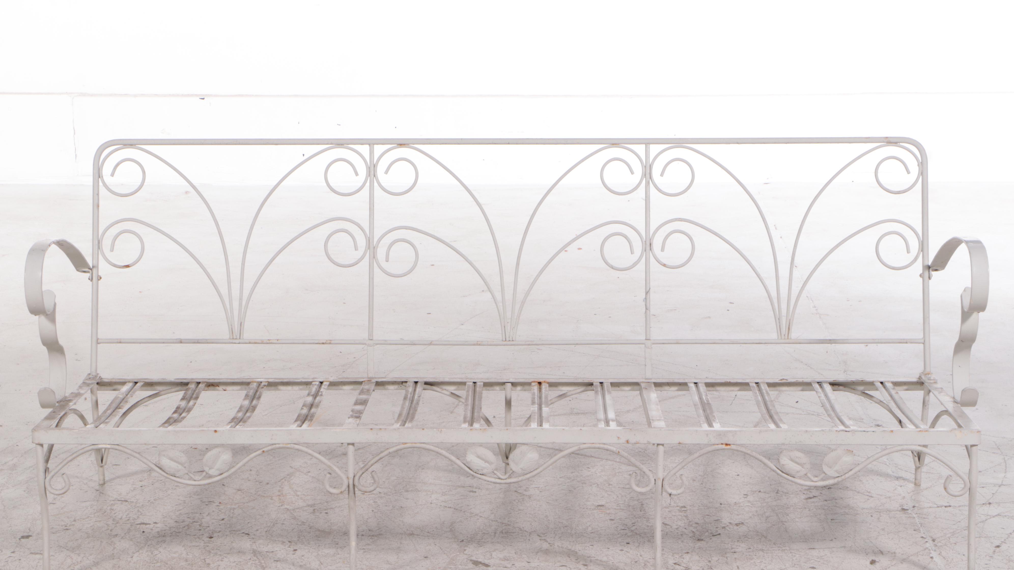 Mid Century Modern White Painted Wrought Iron Patio Sofa and Coffee Table