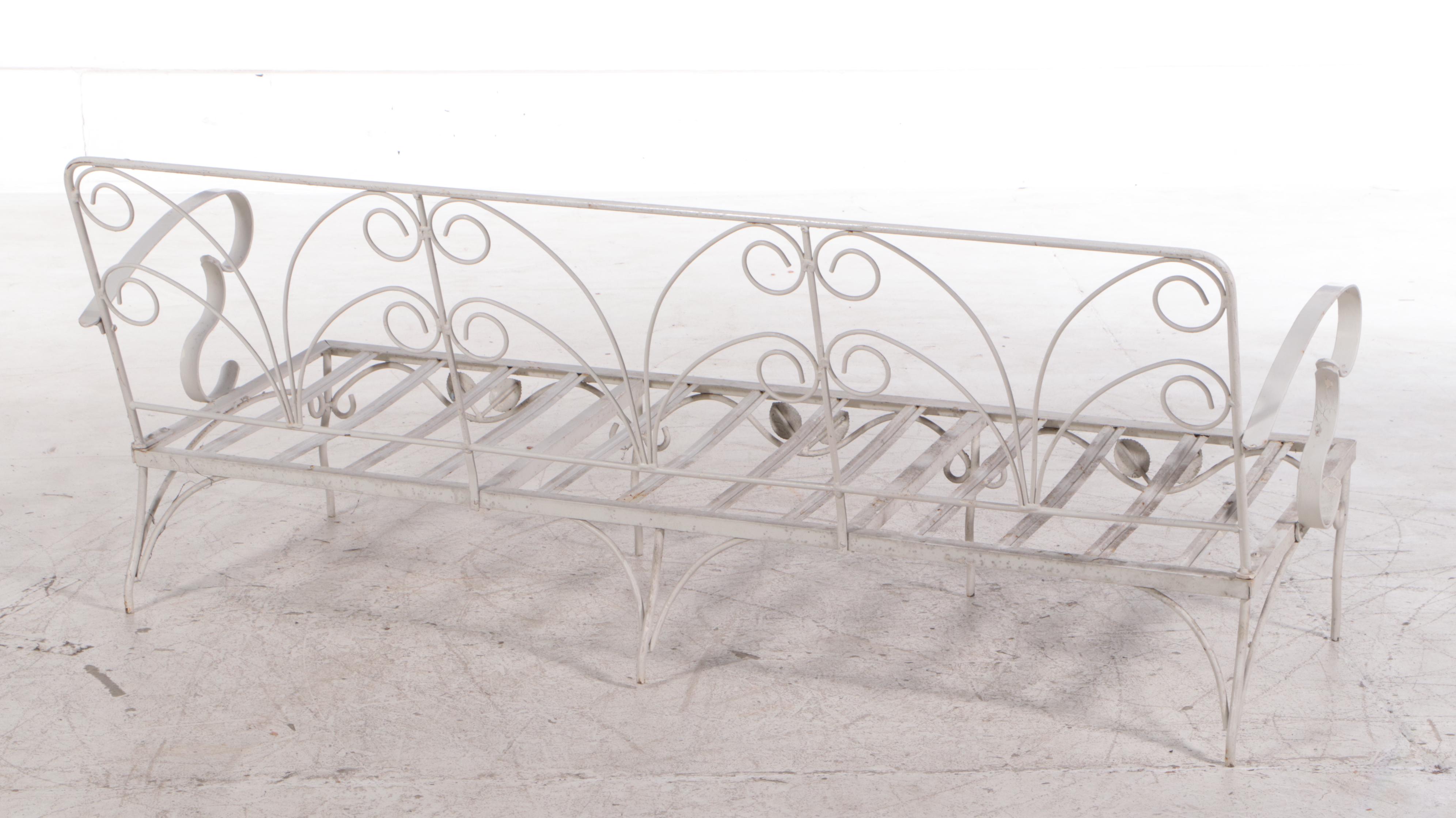 Mid Century Modern White Painted Wrought Iron Patio Sofa and Coffee Table