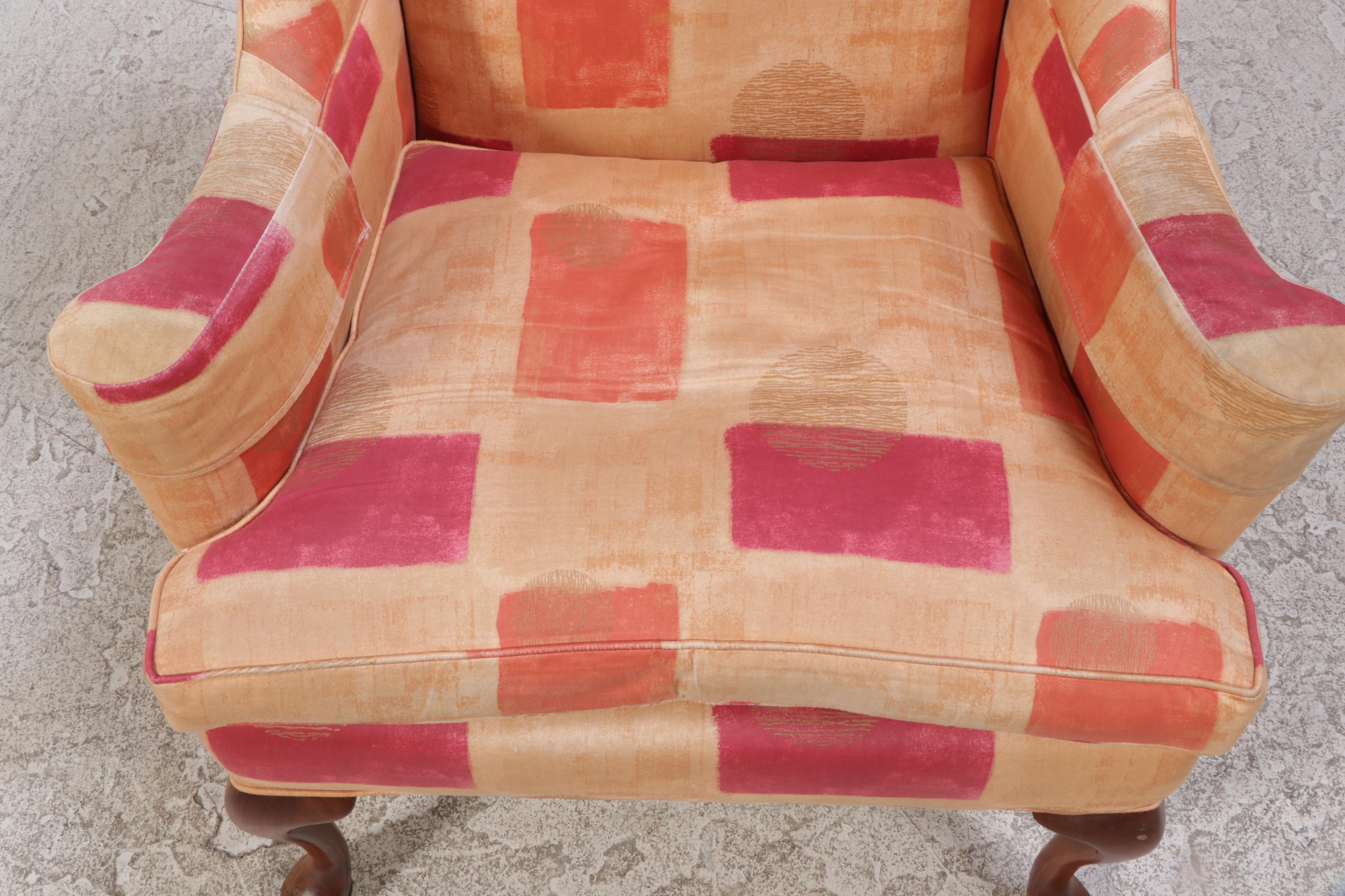 Queen Anne Style Mahogany and Custom-Upholstered Wingback Armchair