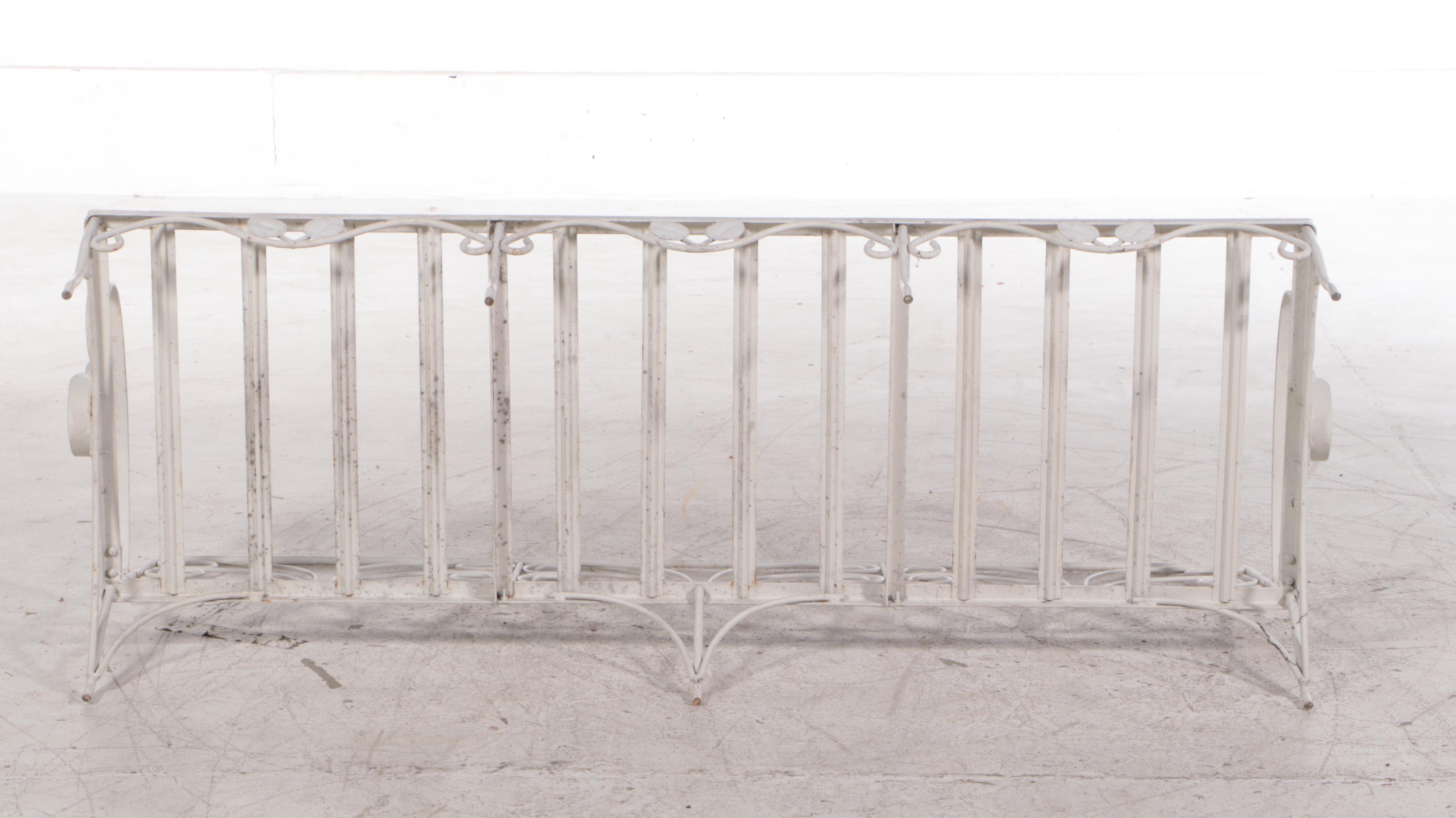 Mid Century Modern White Painted Wrought Iron Patio Sofa and Coffee Table