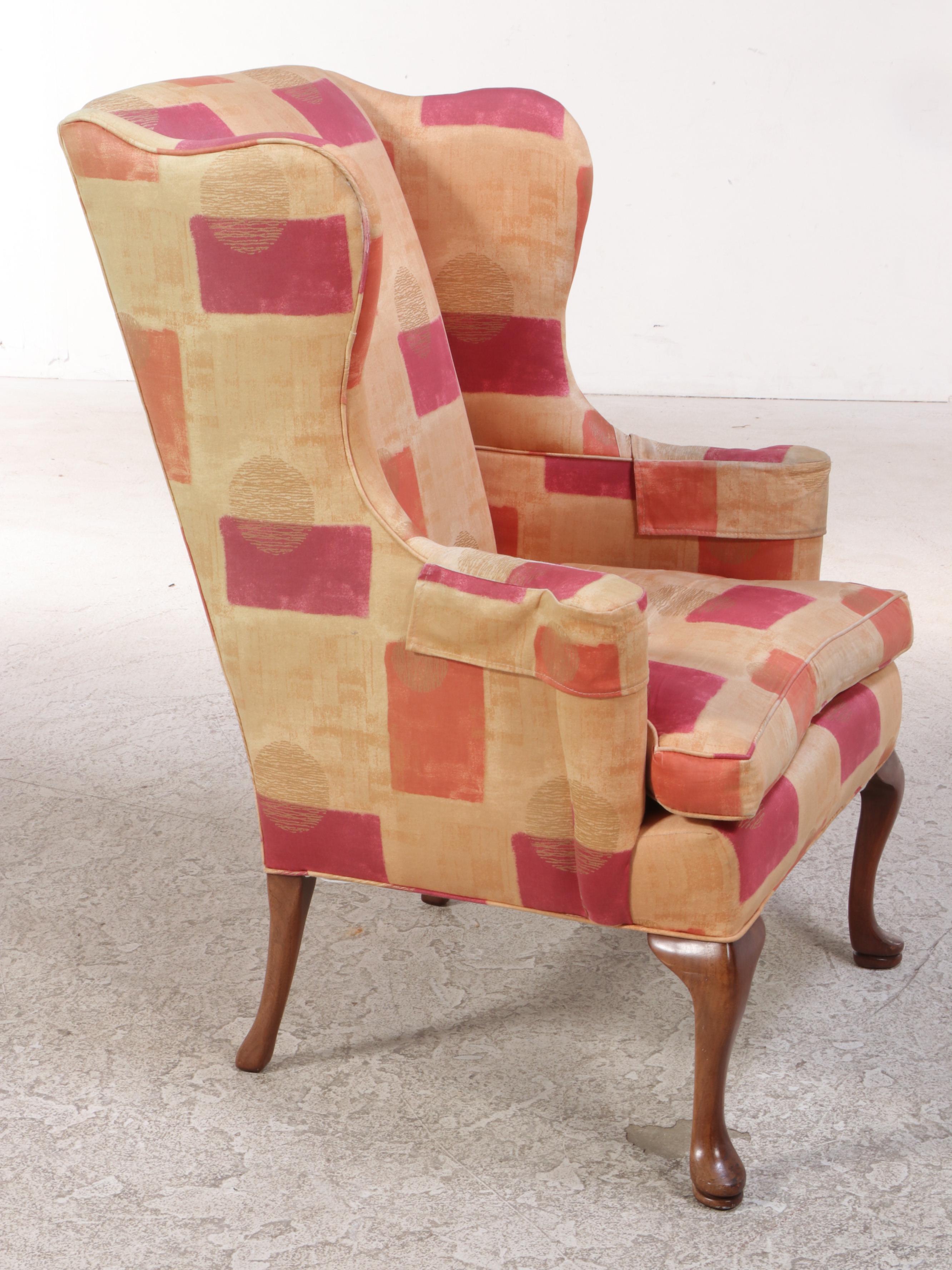 Queen Anne Style Mahogany and Custom-Upholstered Wingback Armchair