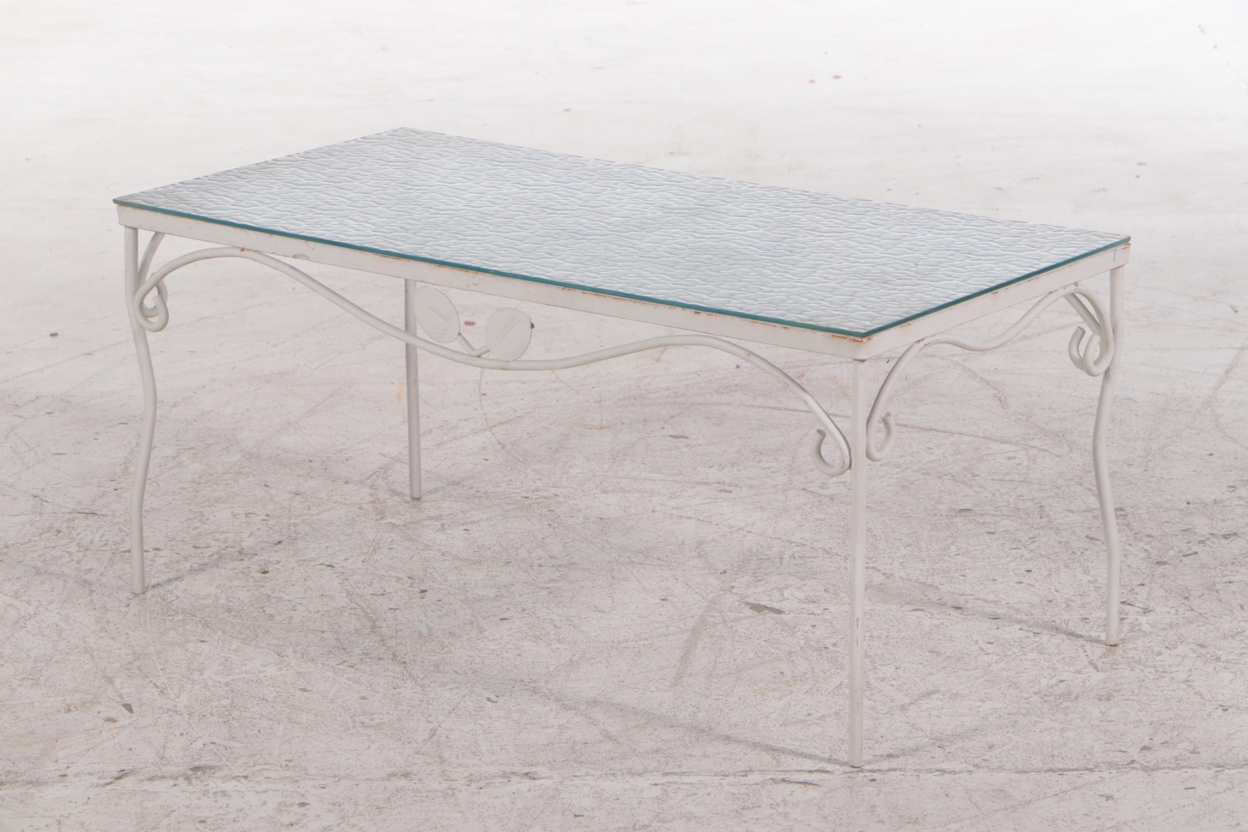 Mid Century Modern White Painted Wrought Iron Patio Sofa and Coffee Table