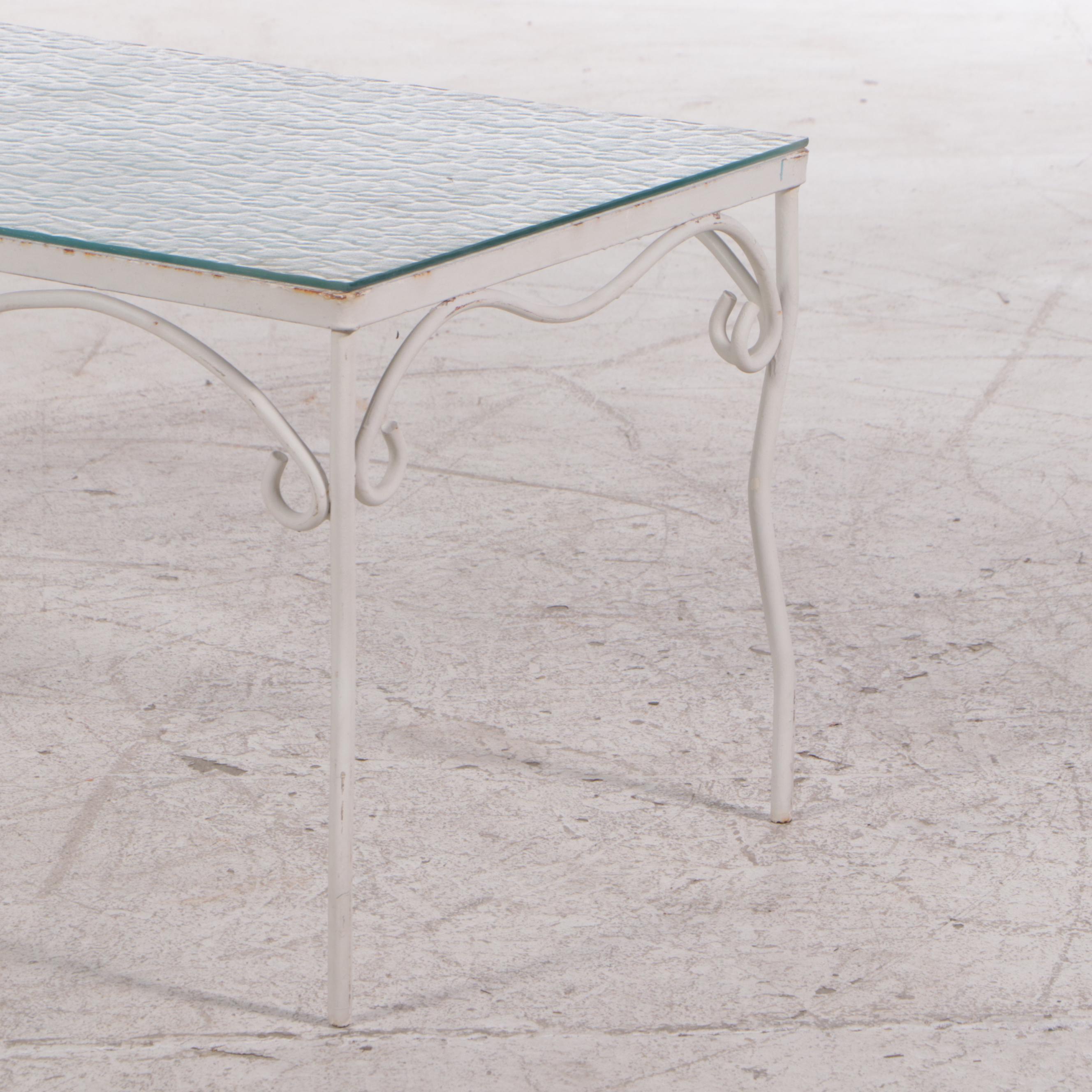 Mid Century Modern White Painted Wrought Iron Patio Sofa and Coffee Table