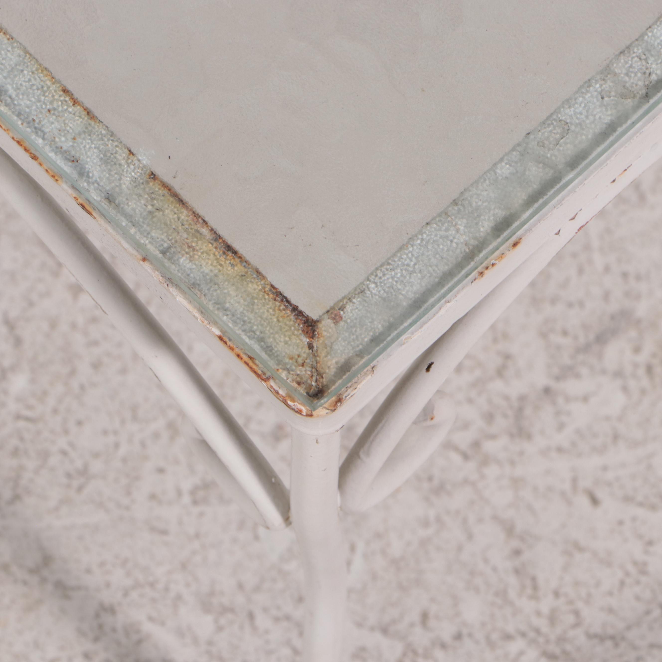 Mid Century Modern White Painted Wrought Iron Patio Sofa and Coffee Table