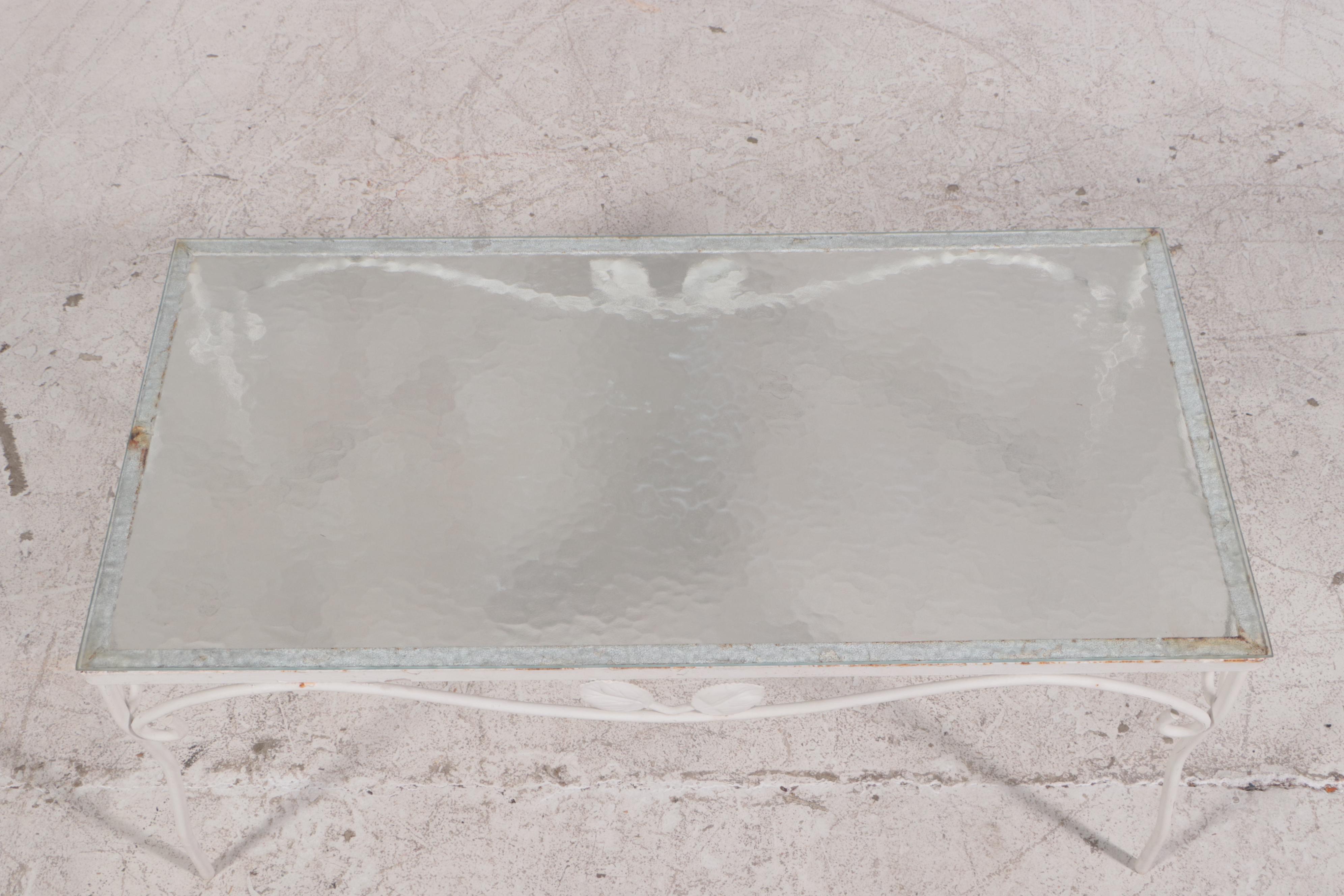 Mid Century Modern White Painted Wrought Iron Patio Sofa and Coffee Table