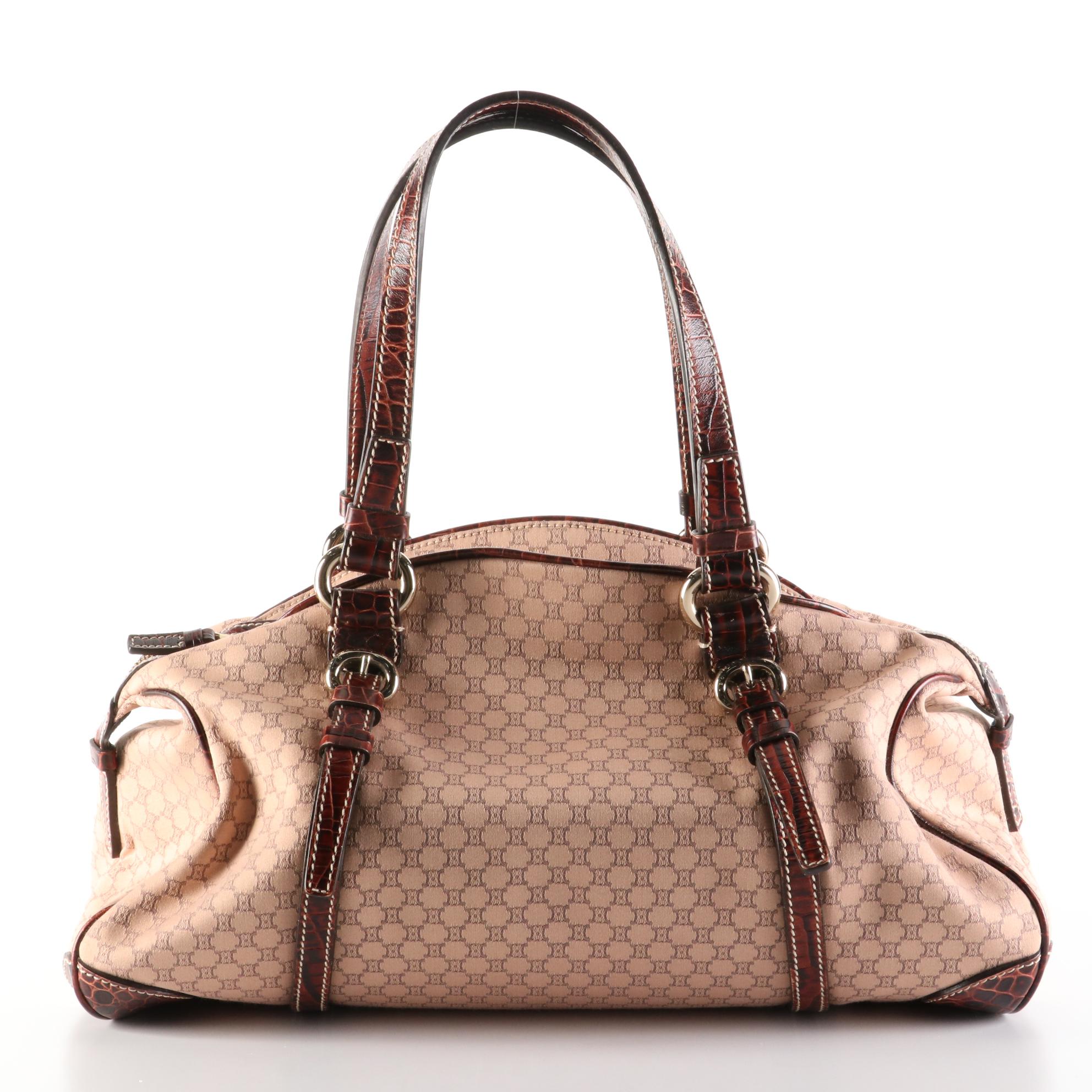 Celine Zip Shoulder Tote in Macadam Canvas and Croc-Embossed Leather