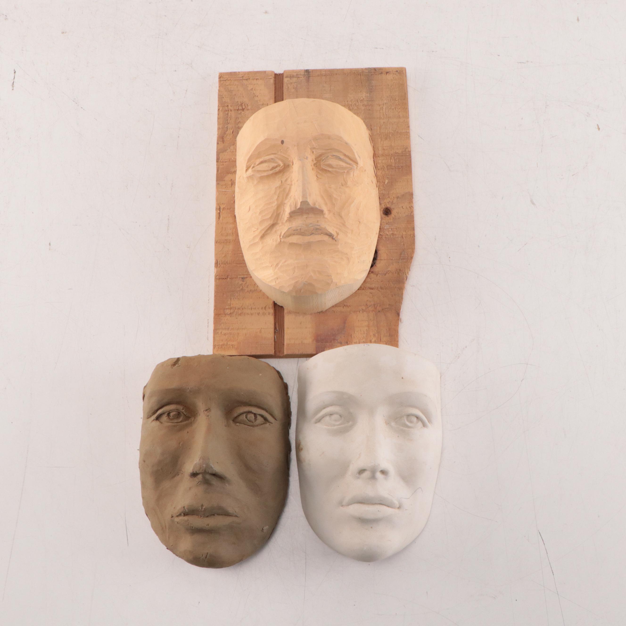 Wood, Plaster, and Clay Sculptures of Faces, Circa 1997