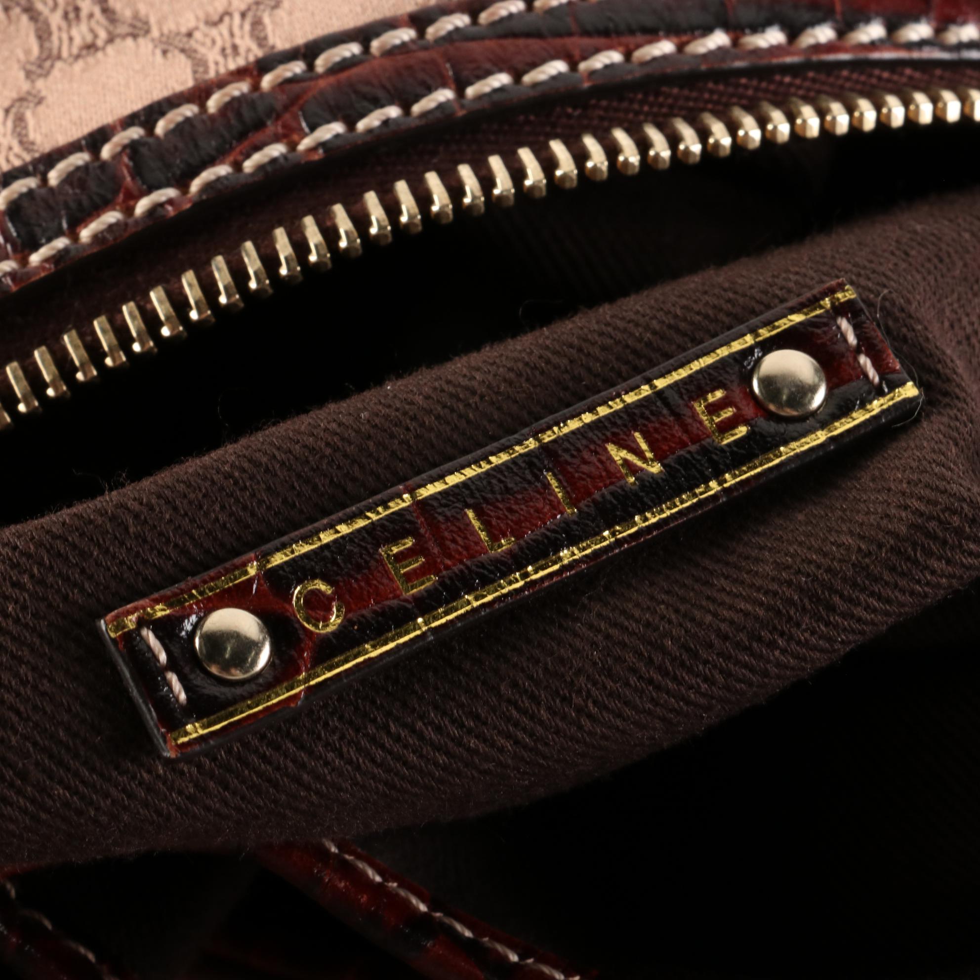 Celine Zip Shoulder Tote in Macadam Canvas and Croc-Embossed Leather