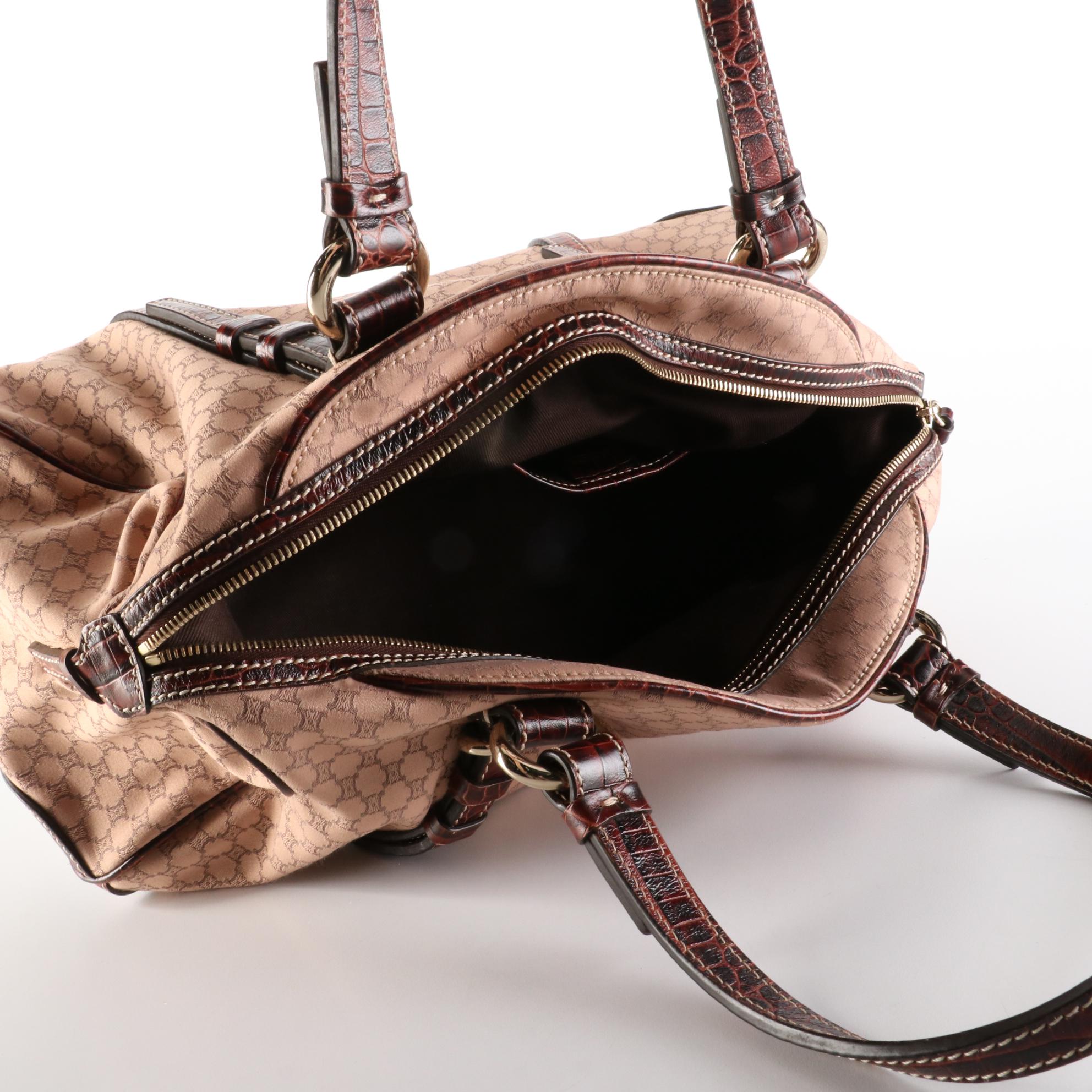 Celine Zip Shoulder Tote in Macadam Canvas and Croc-Embossed Leather