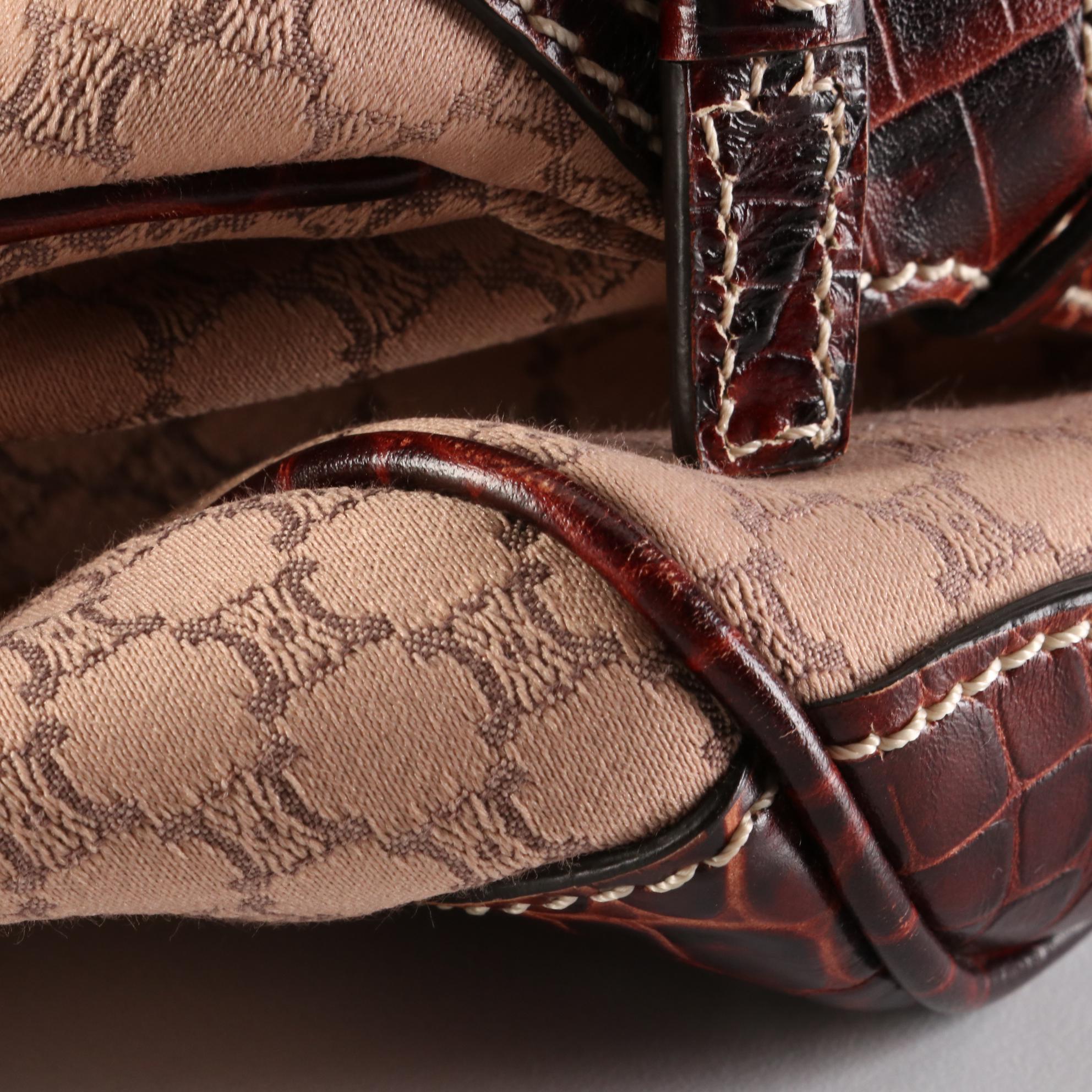 Celine Zip Shoulder Tote in Macadam Canvas and Croc-Embossed Leather