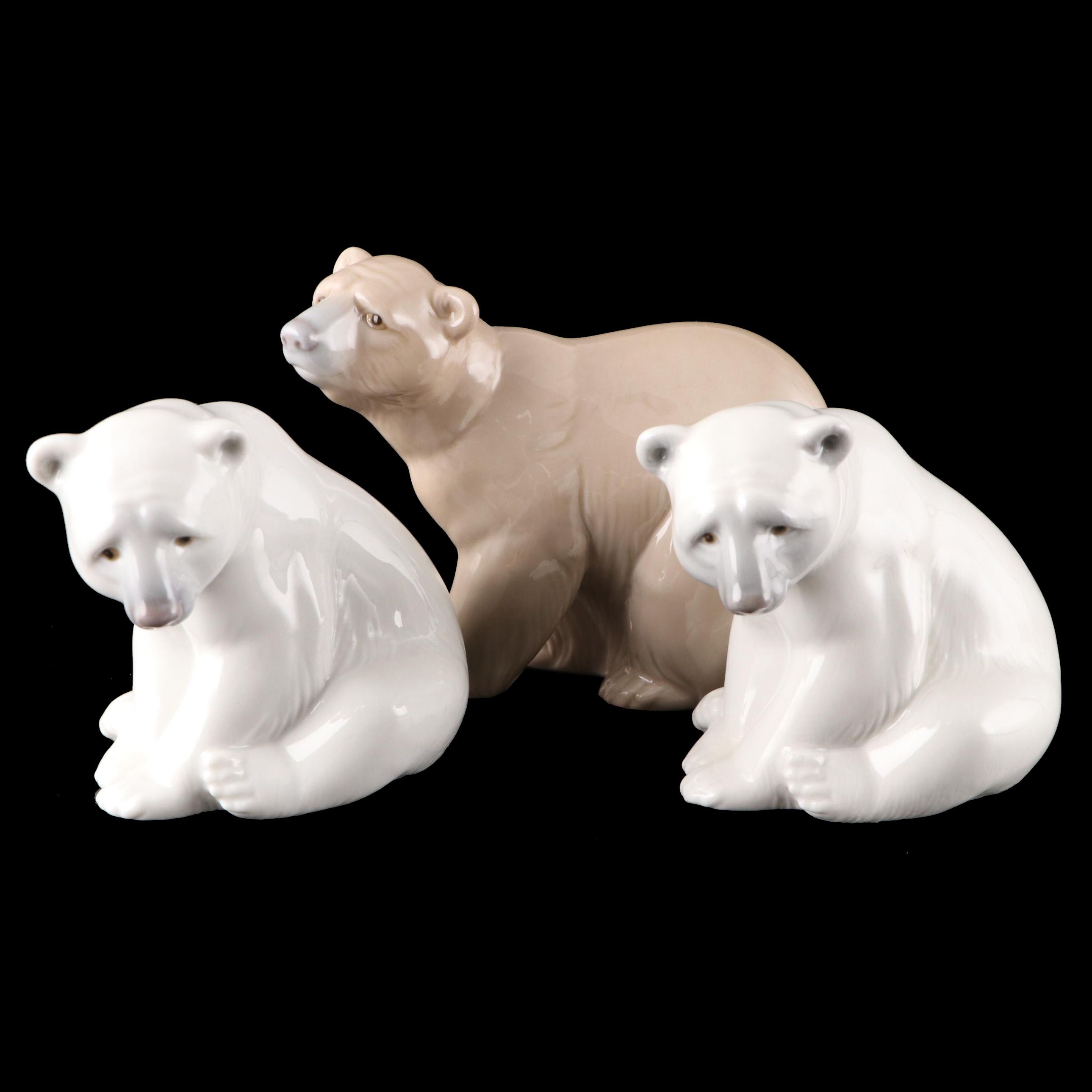 Lladró "Seated Polar Bear" and "Attentive Polar Bear" Porcelain Figurines