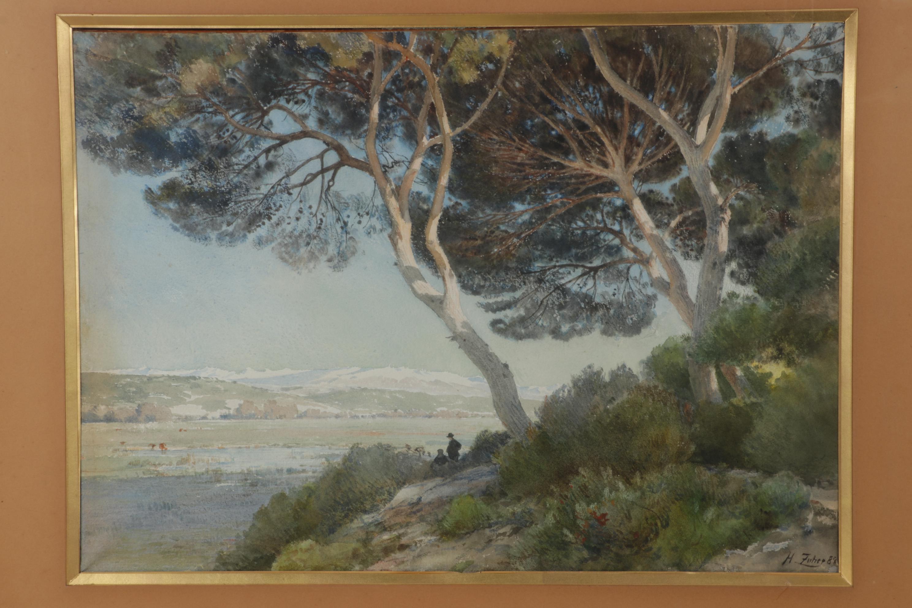 Henri Zuber Watercolor Painting of Figures Overlooking Marshy Plain, 1886