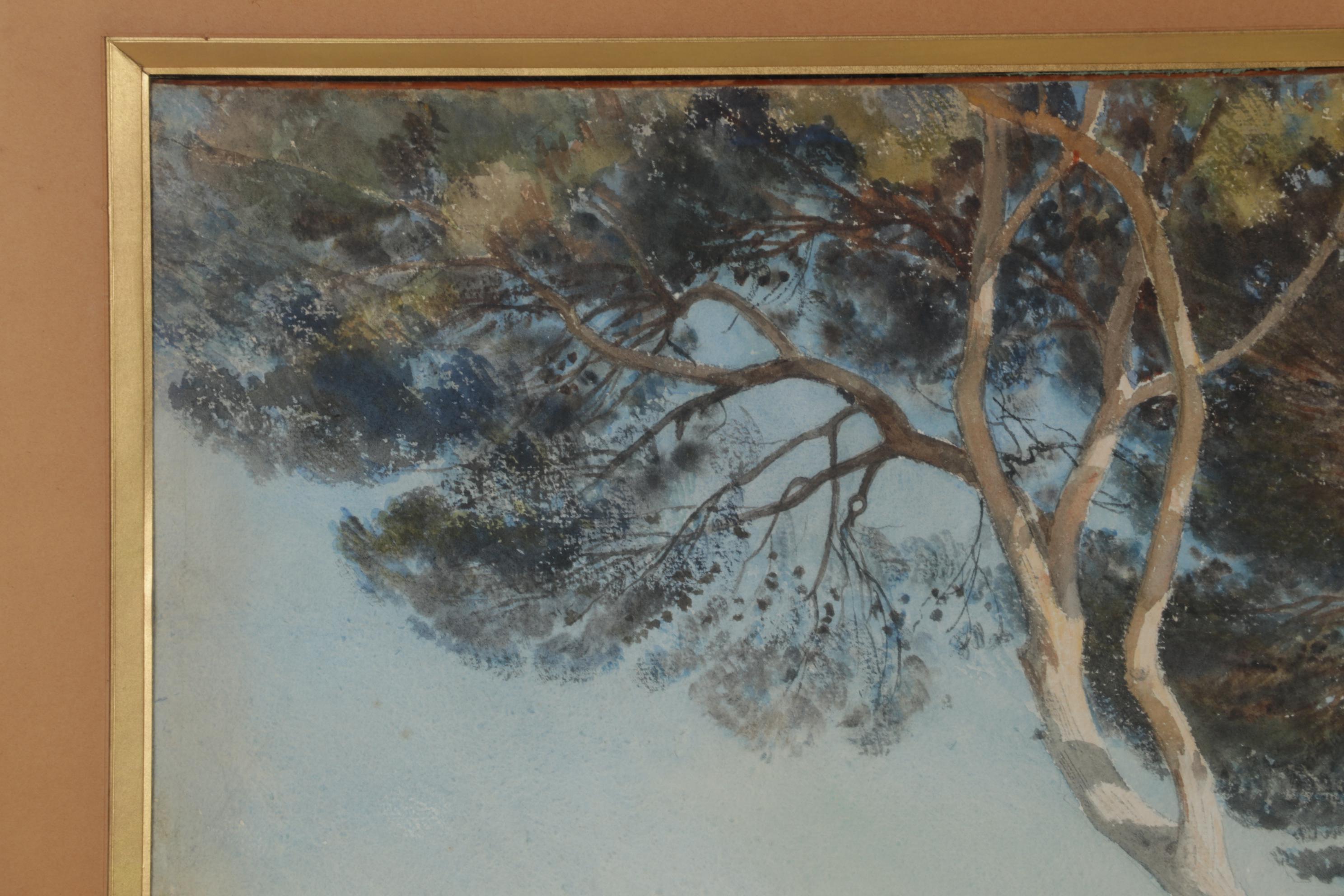 Henri Zuber Watercolor Painting of Figures Overlooking Marshy Plain, 1886