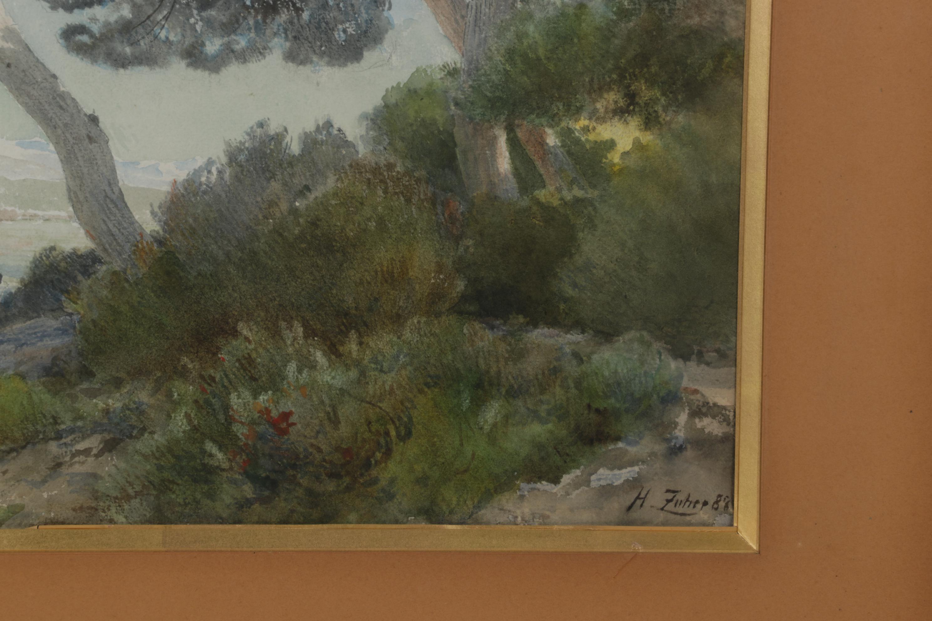 Henri Zuber Watercolor Painting of Figures Overlooking Marshy Plain, 1886