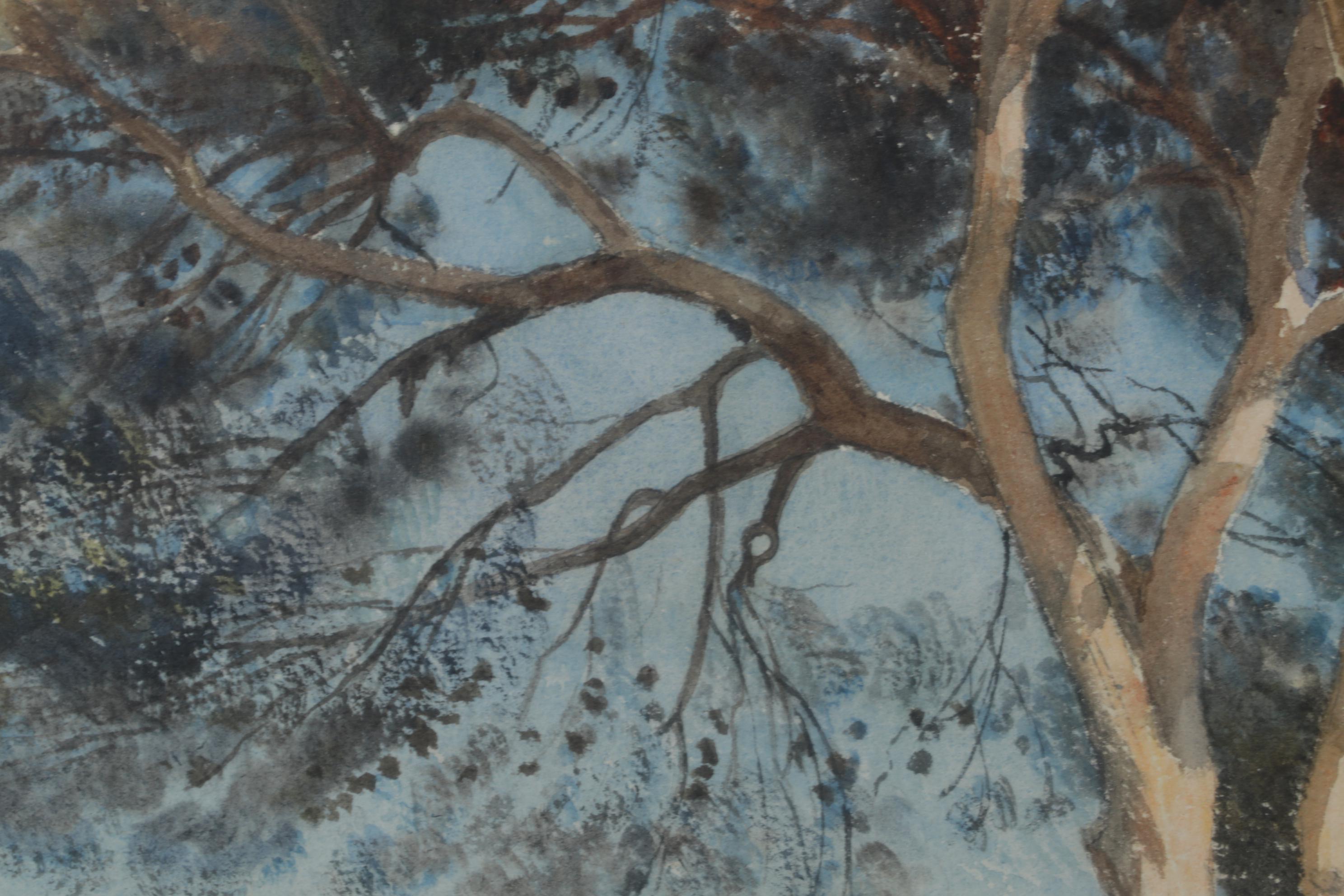 Henri Zuber Watercolor Painting of Figures Overlooking Marshy Plain, 1886