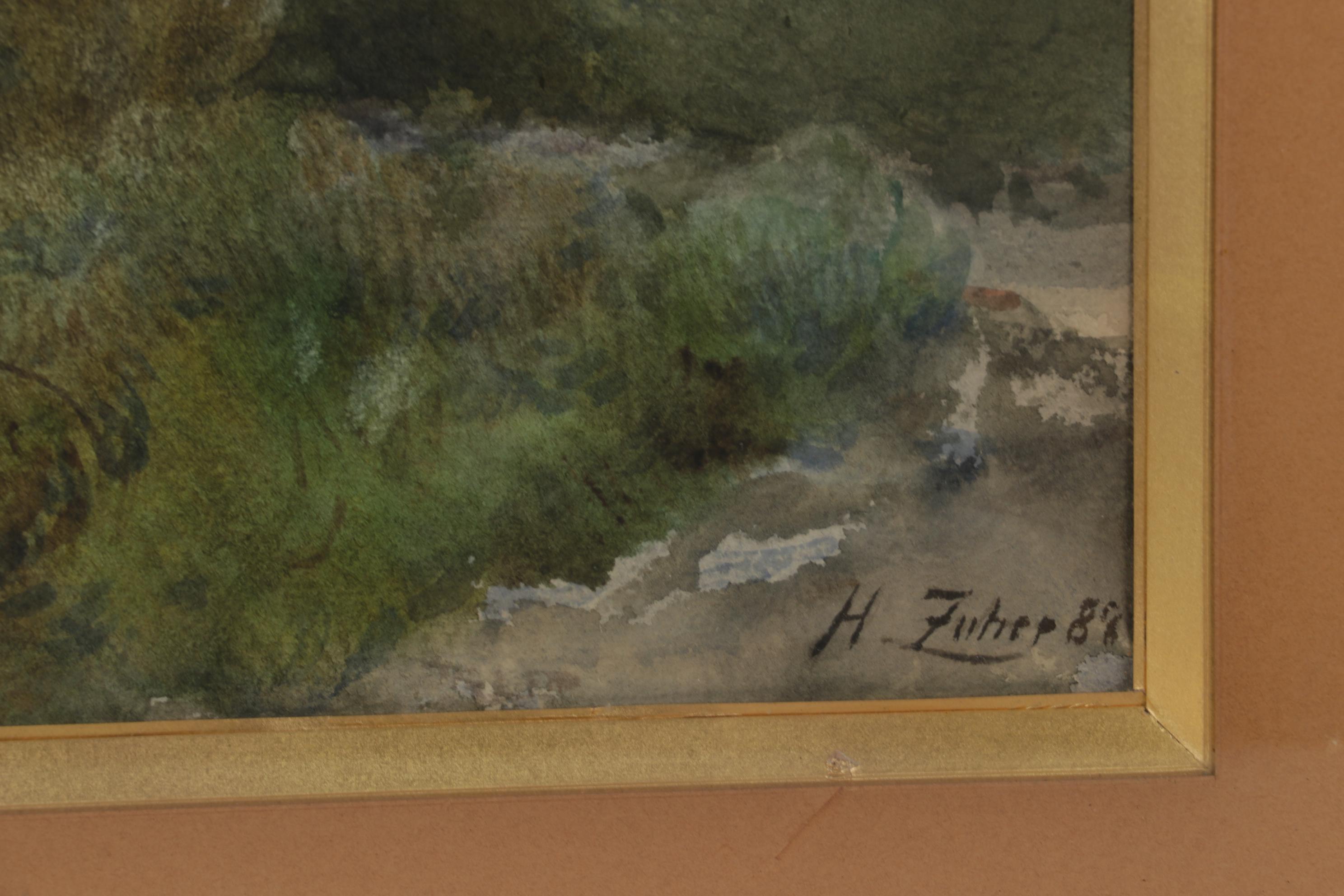 Henri Zuber Watercolor Painting of Figures Overlooking Marshy Plain, 1886