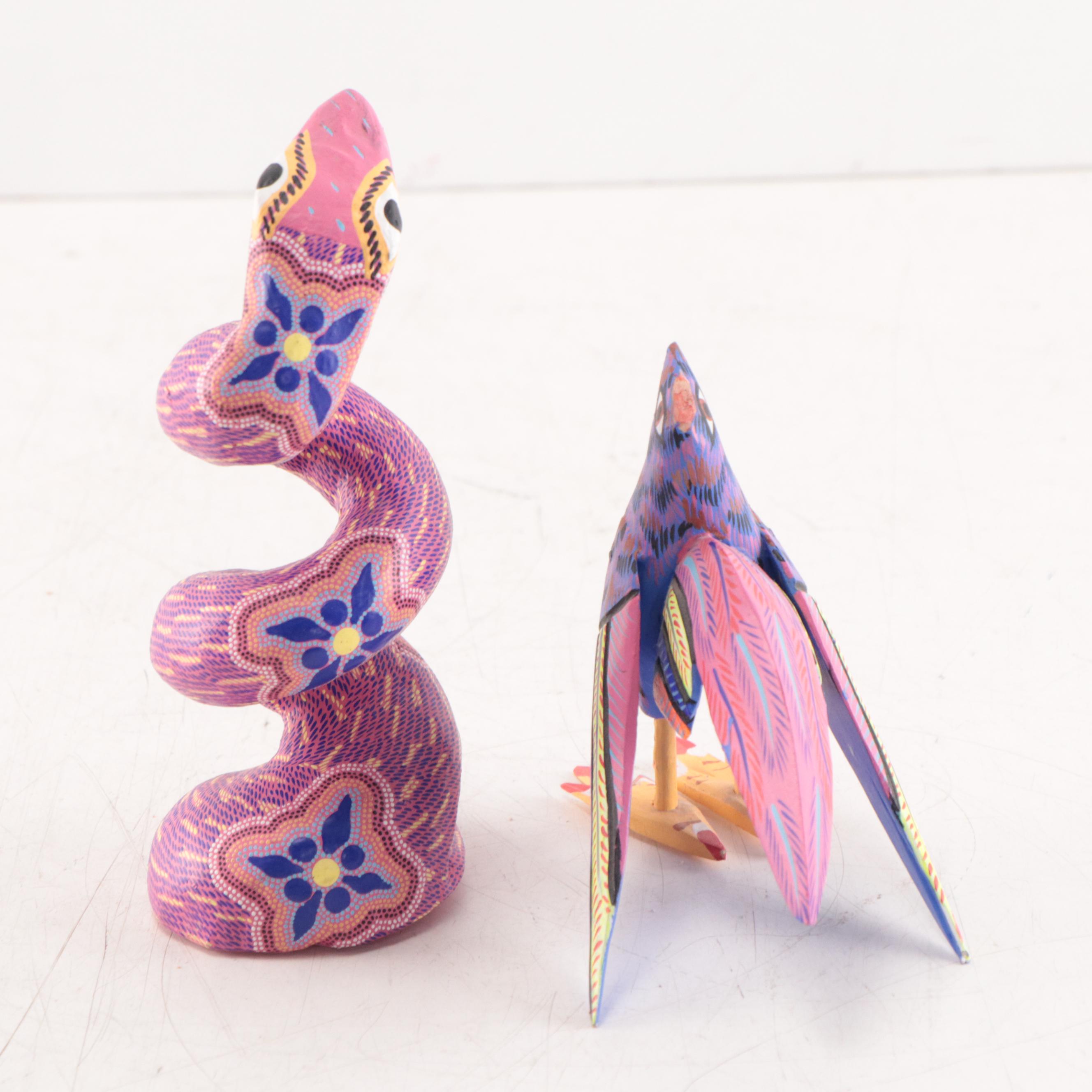 Oaxacan Folk Art Hand-Painted Wooden Animal Sculptures of Snake and Bird