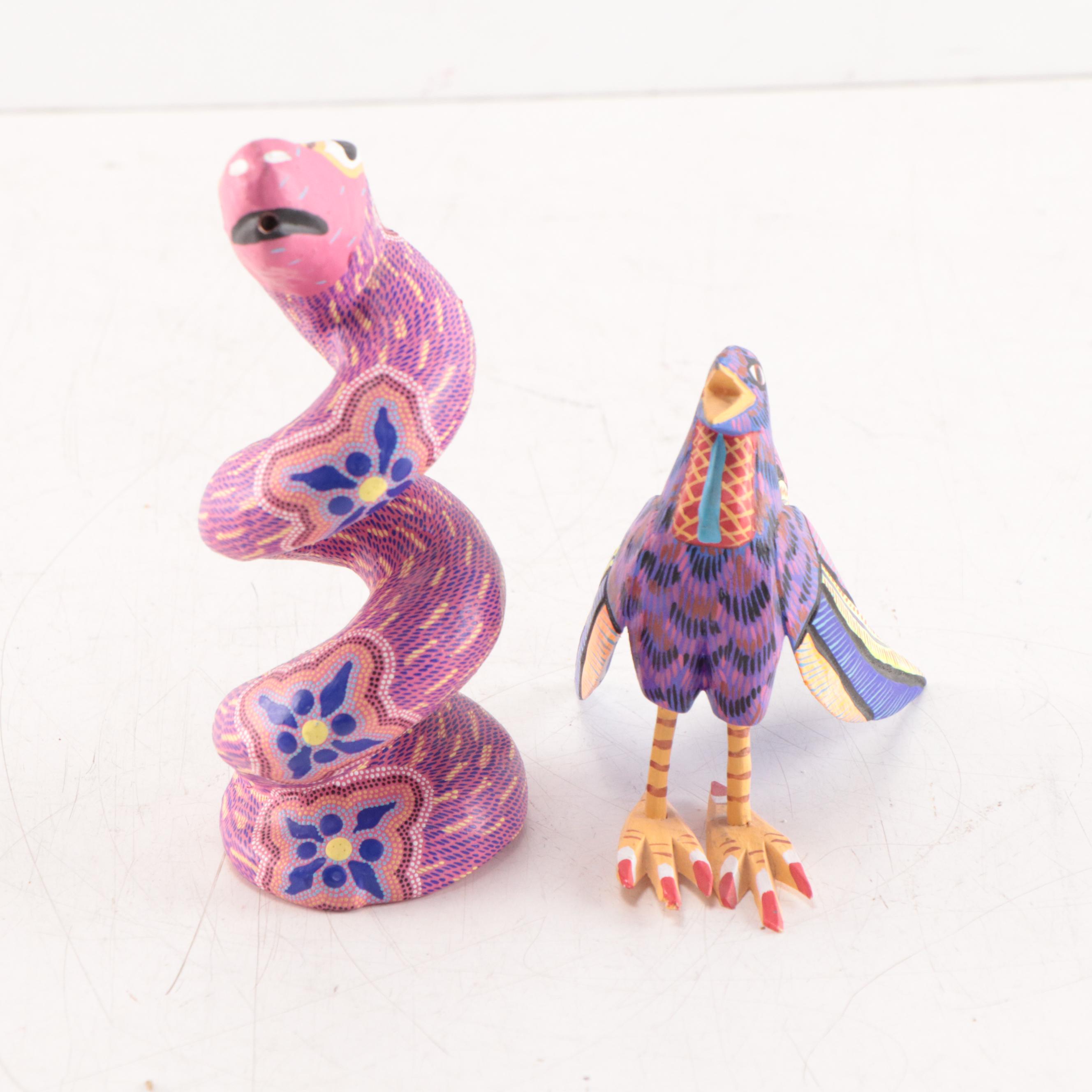 Oaxacan Folk Art Hand-Painted Wooden Animal Sculptures of Snake and Bird