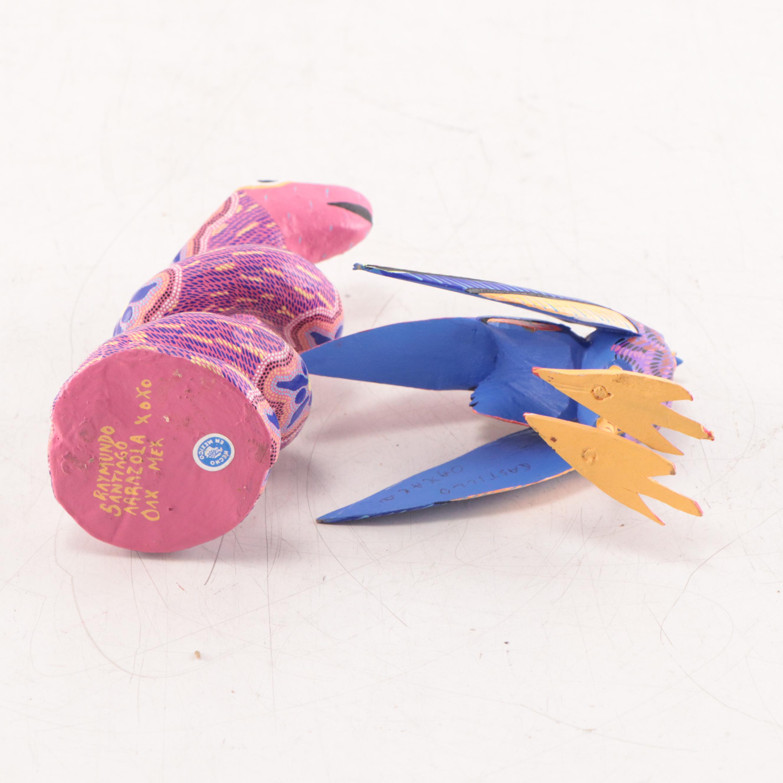 Oaxacan Folk Art Hand-Painted Wooden Animal Sculptures of Snake and Bird