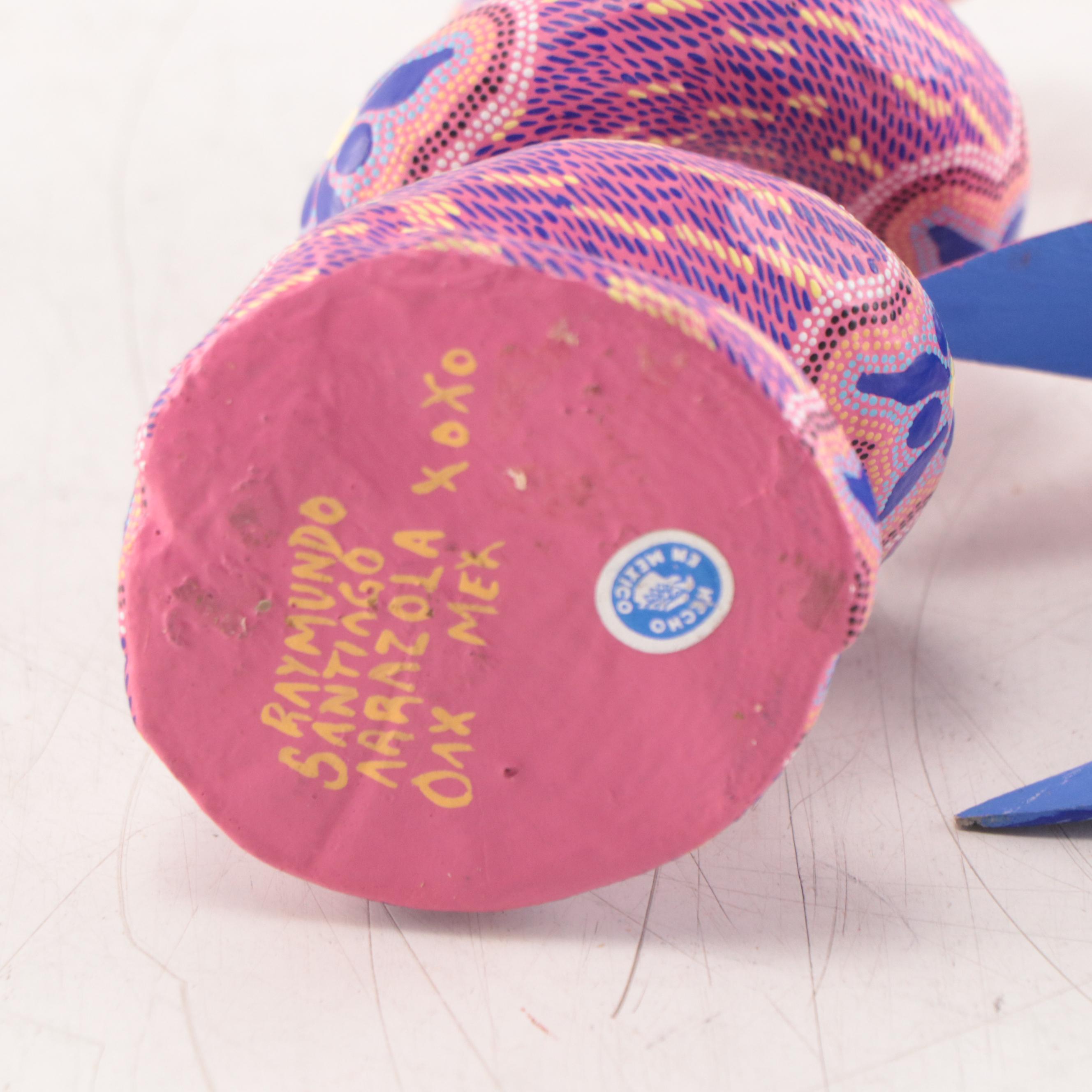 Oaxacan Folk Art Hand-Painted Wooden Animal Sculptures of Snake and Bird