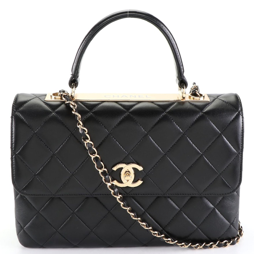 Chanel Top Handle Flap Bag in Quilted Lambskin Leather with Chain Strap