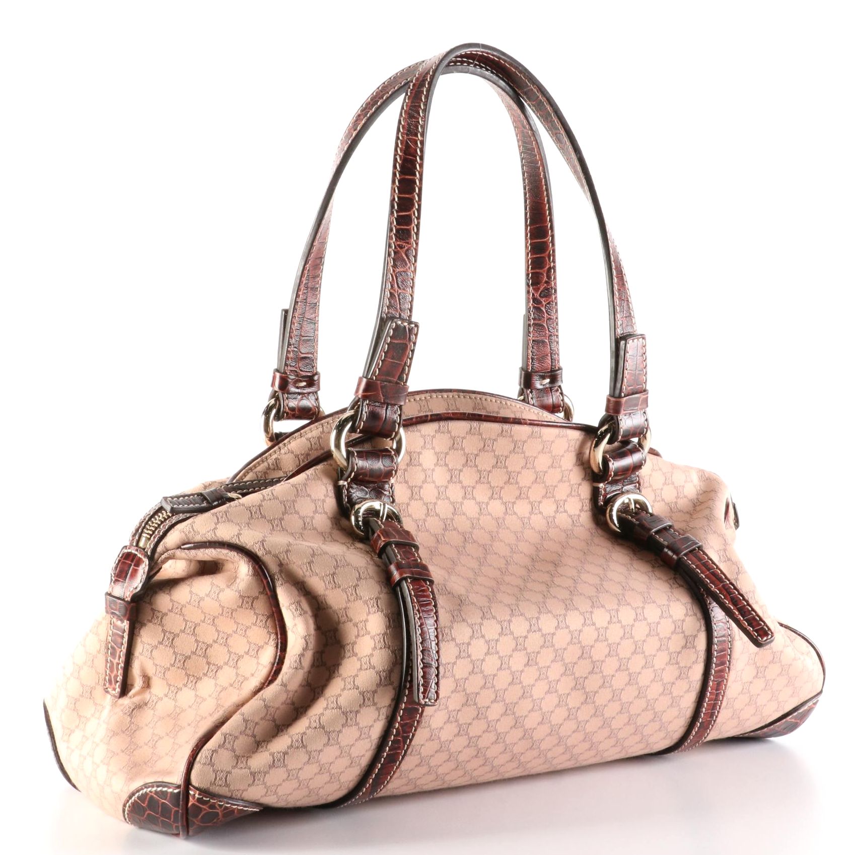 Celine Zip Shoulder Tote in Macadam Canvas and Croc-Embossed Leather