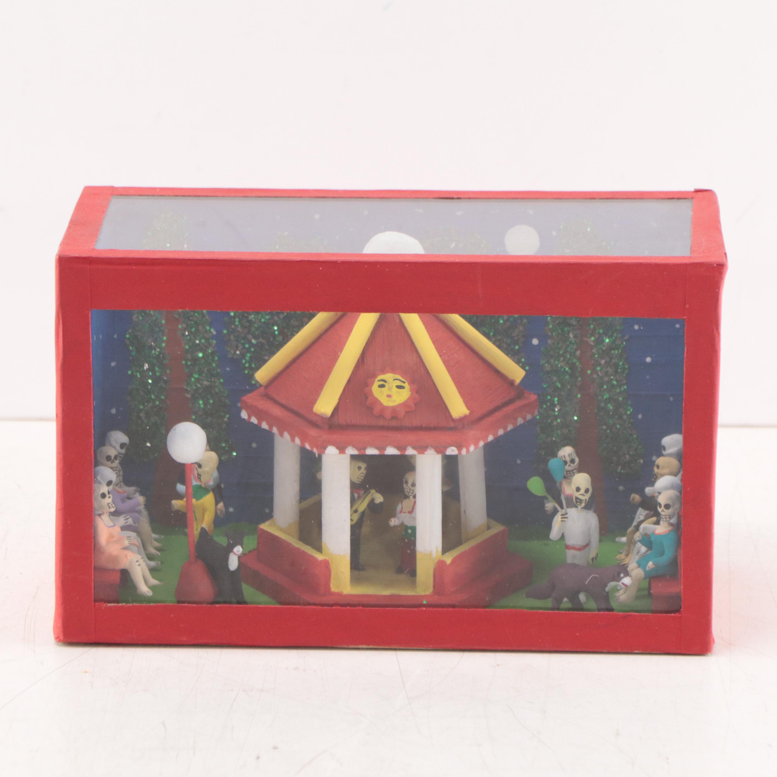 Mexican Folk Art Hand-Painted Wooden Diorama in Glass Box