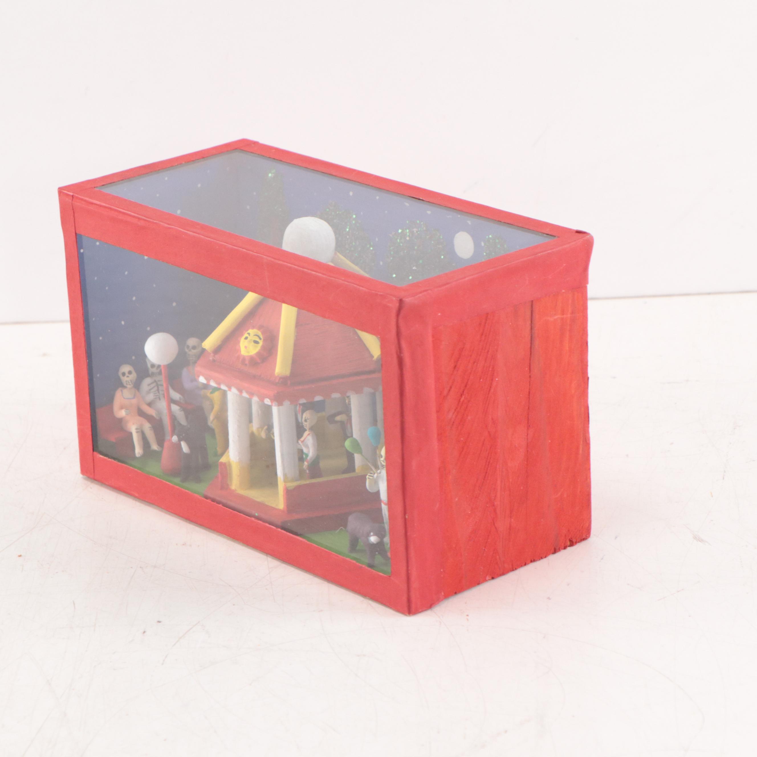 Mexican Folk Art Hand-Painted Wooden Diorama in Glass Box