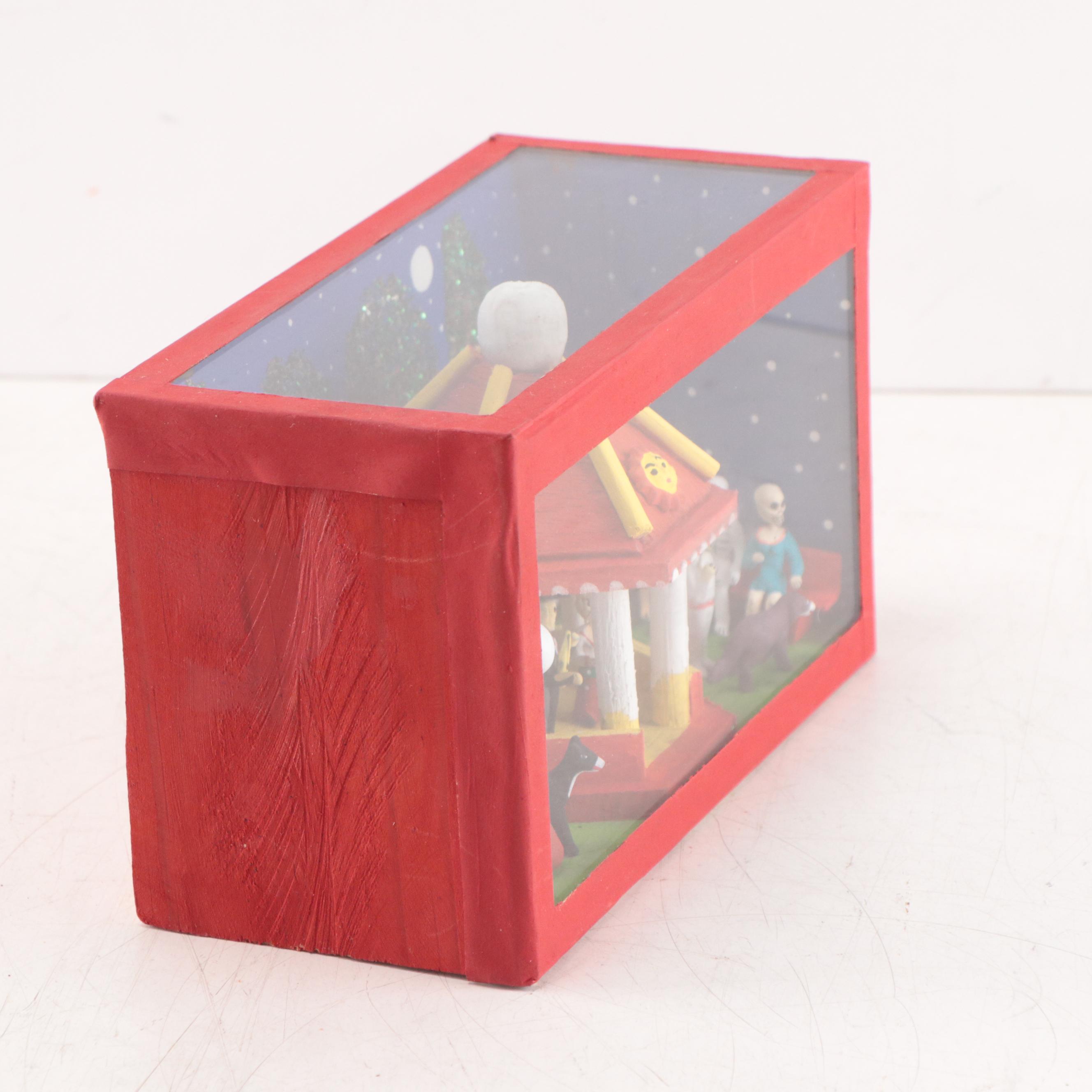 Mexican Folk Art Hand-Painted Wooden Diorama in Glass Box