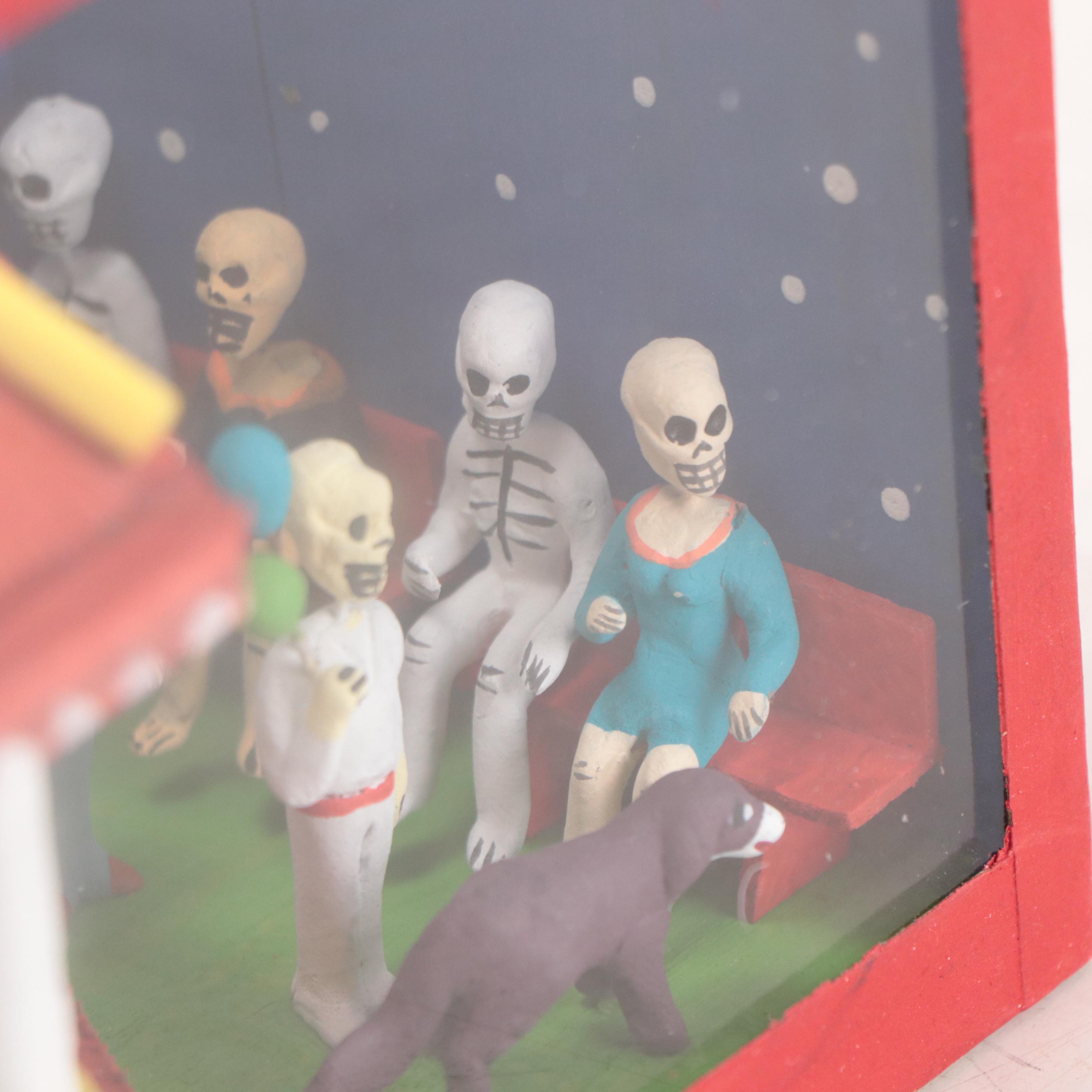 Mexican Folk Art Hand-Painted Wooden Diorama in Glass Box