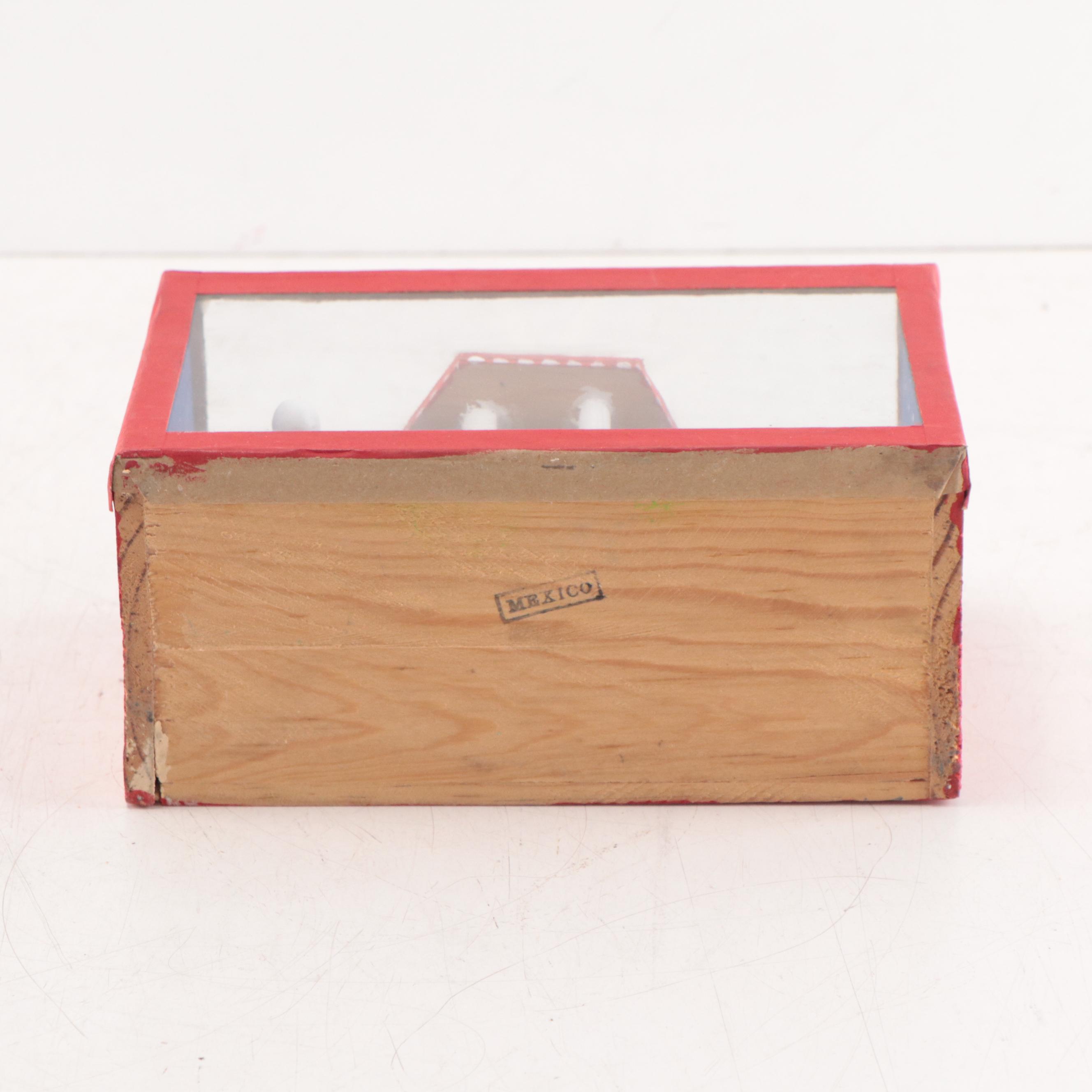 Mexican Folk Art Hand-Painted Wooden Diorama in Glass Box