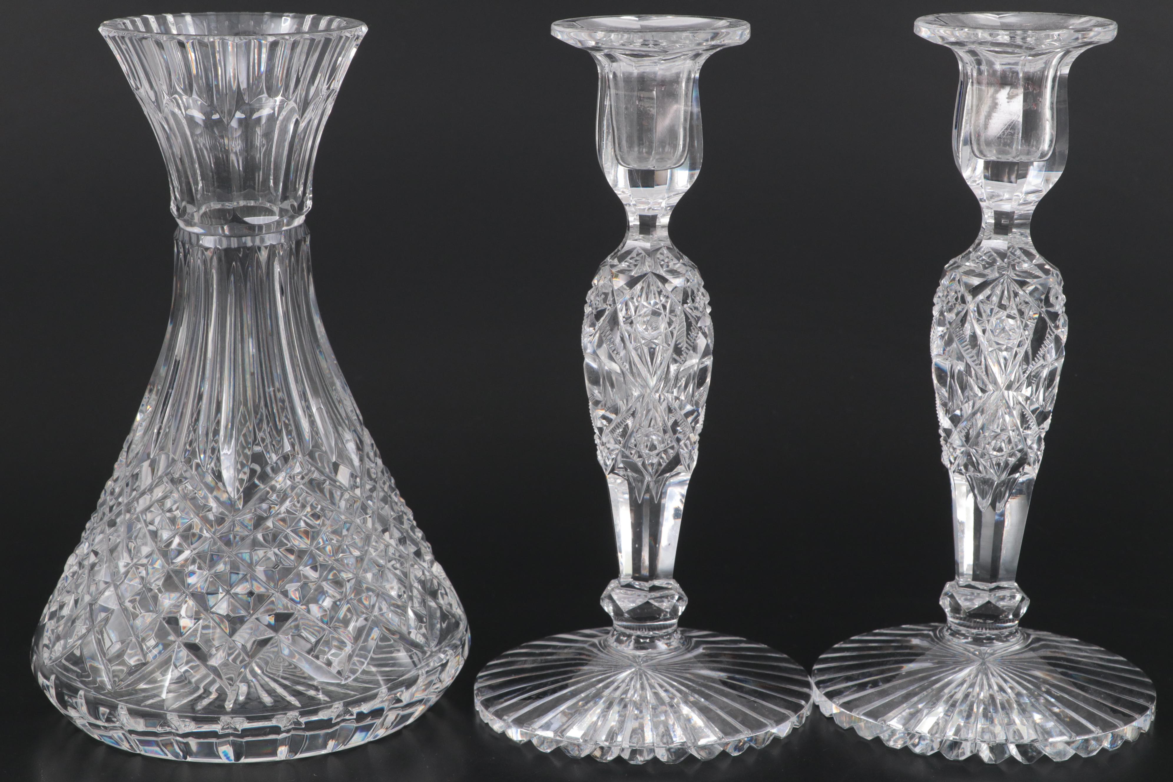 Waterford Crystal Vase, Ashtrays, Hawkes Glass Candlesticks, More Glassware