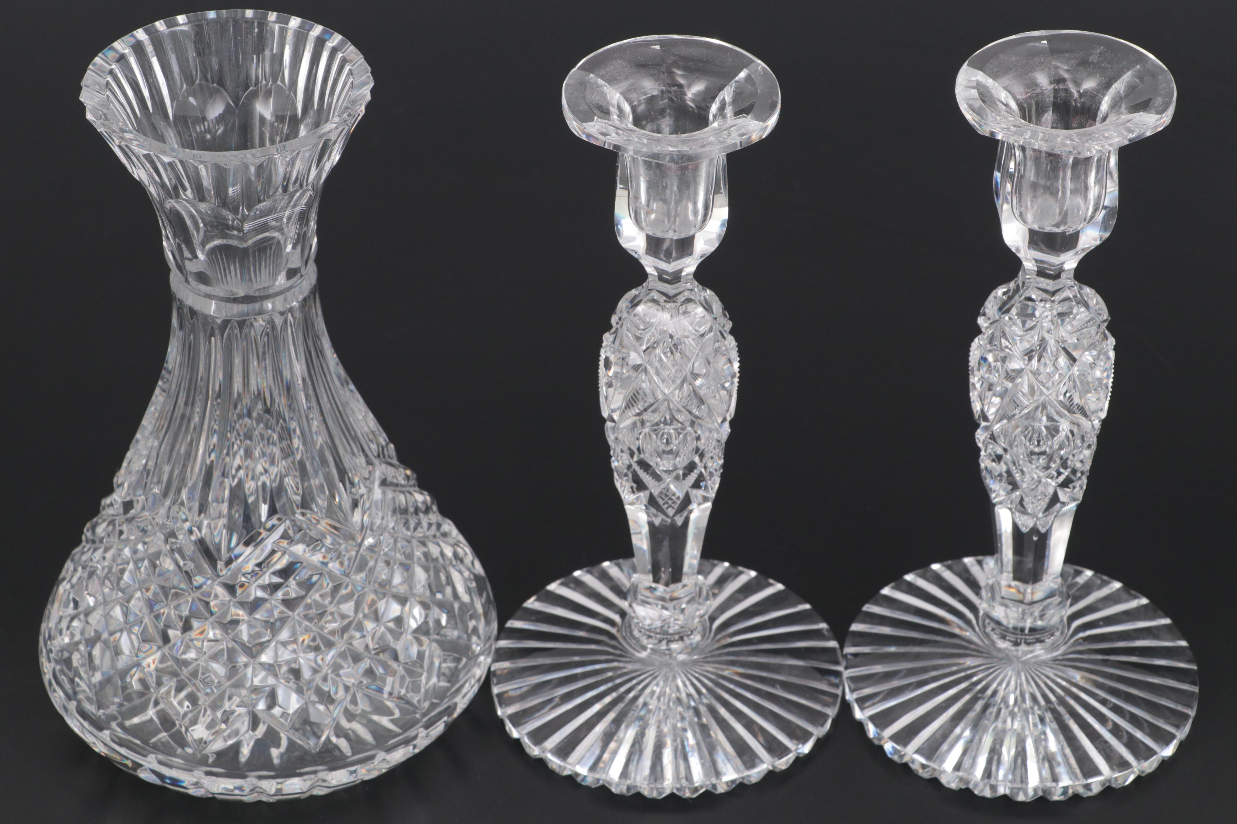 Waterford Crystal Vase, Ashtrays, Hawkes Glass Candlesticks, More Glassware