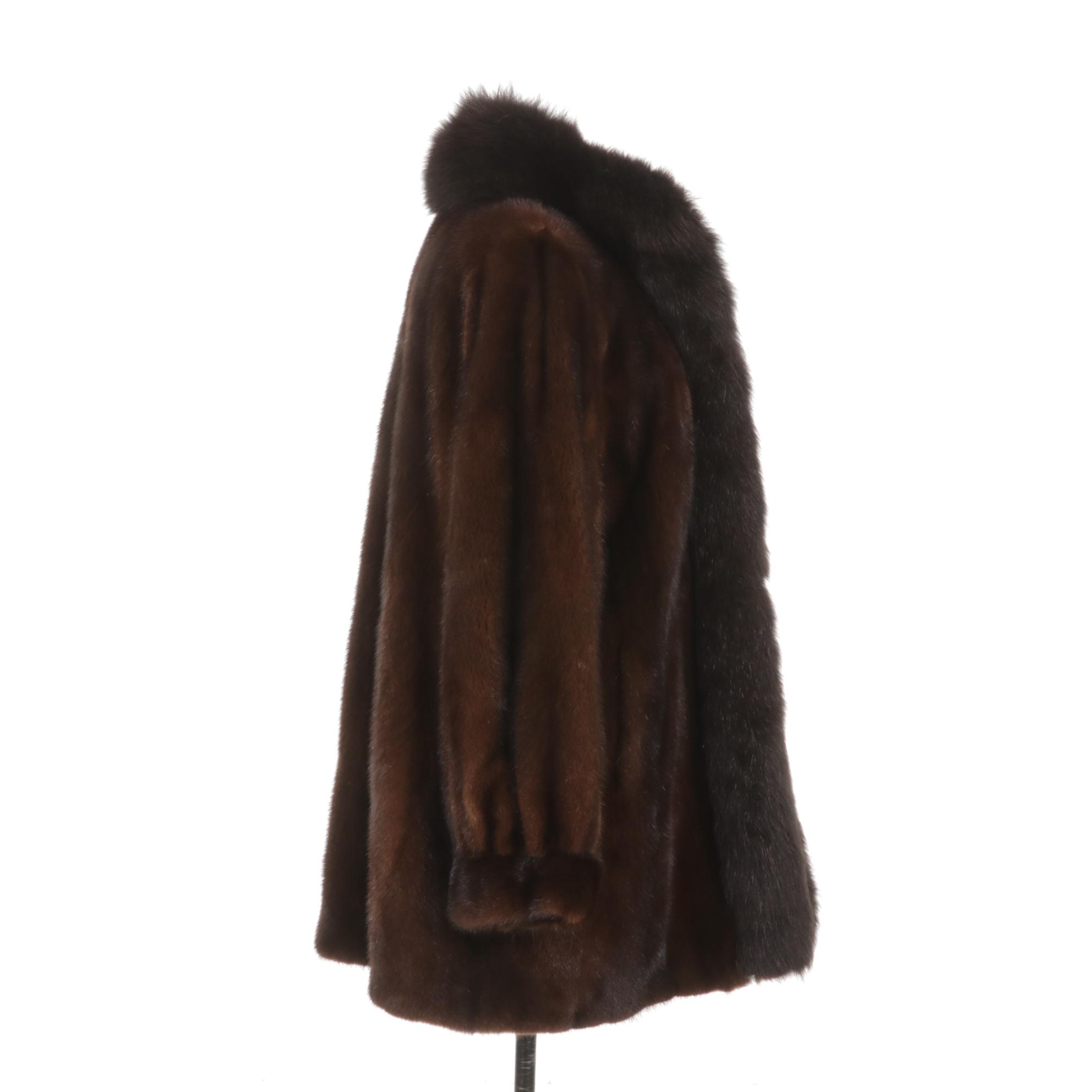 Henig Furs Dark Brown Mink Fur Stroller Coat with Fox Fur Trim