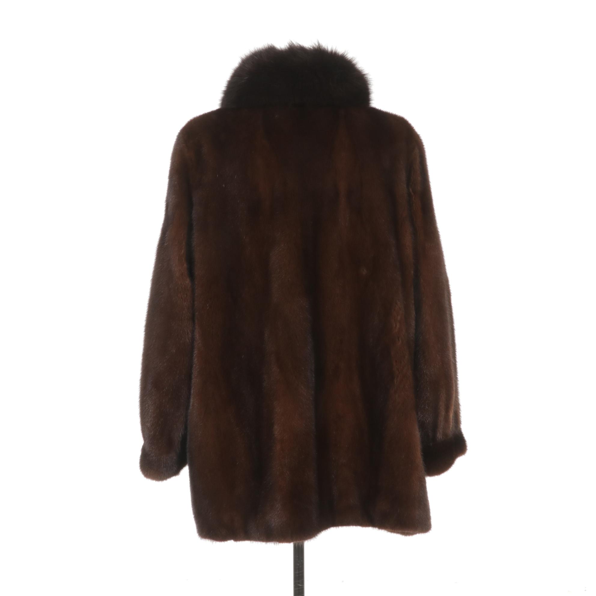 Henig Furs Dark Brown Mink Fur Stroller Coat with Fox Fur Trim