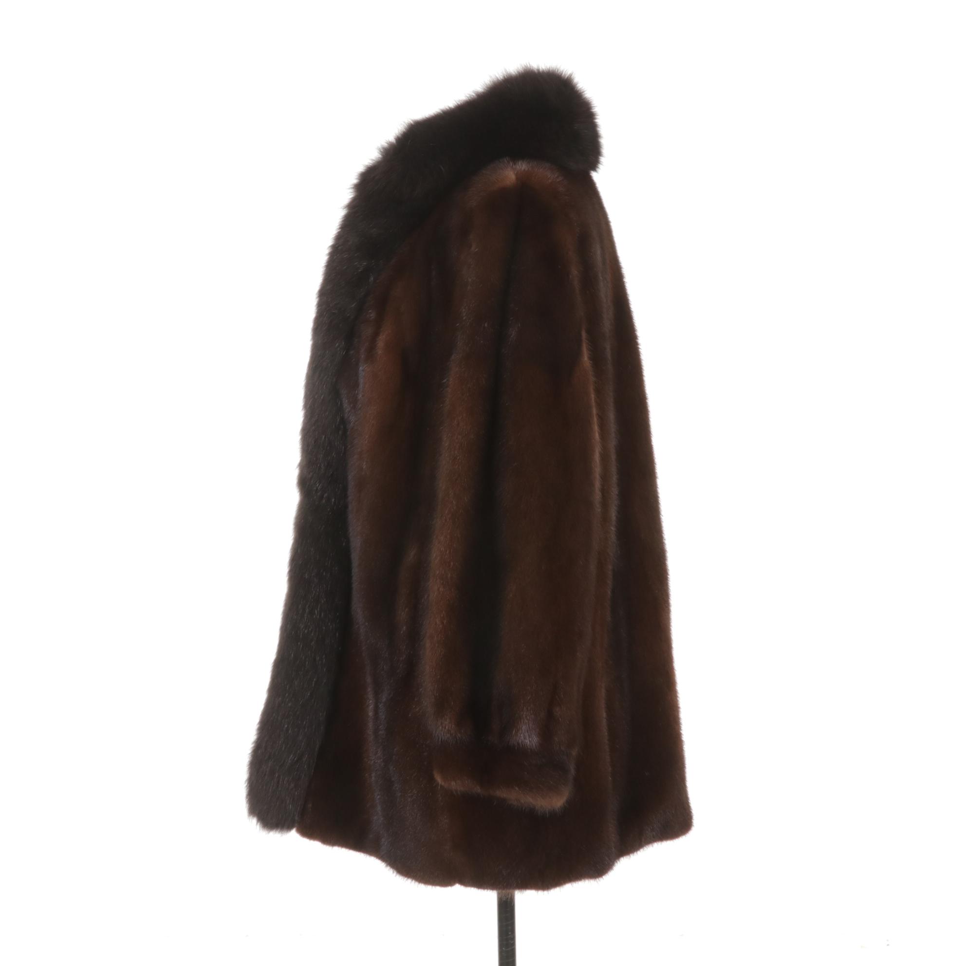 Henig Furs Dark Brown Mink Fur Stroller Coat with Fox Fur Trim