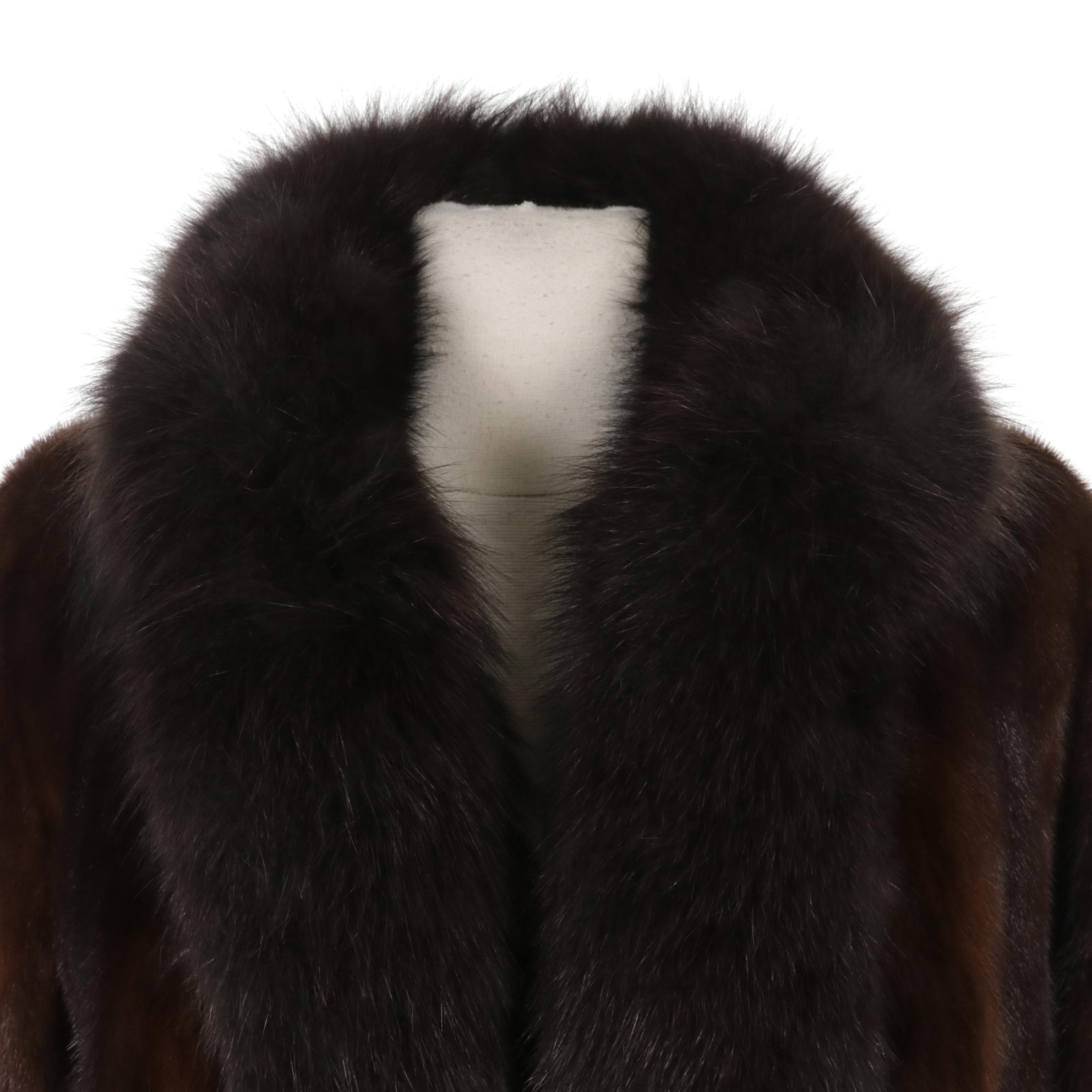 Henig Furs Dark Brown Mink Fur Stroller Coat with Fox Fur Trim