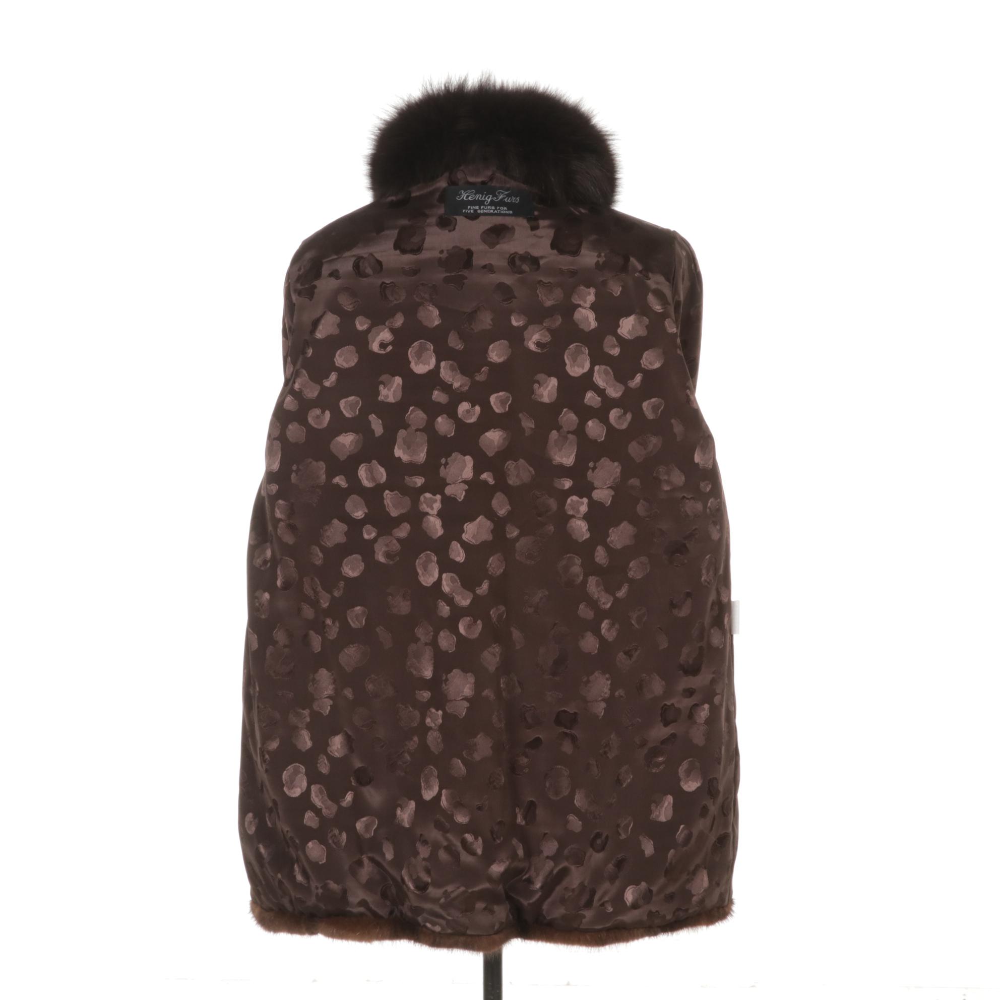 Henig Furs Dark Brown Mink Fur Stroller Coat with Fox Fur Trim