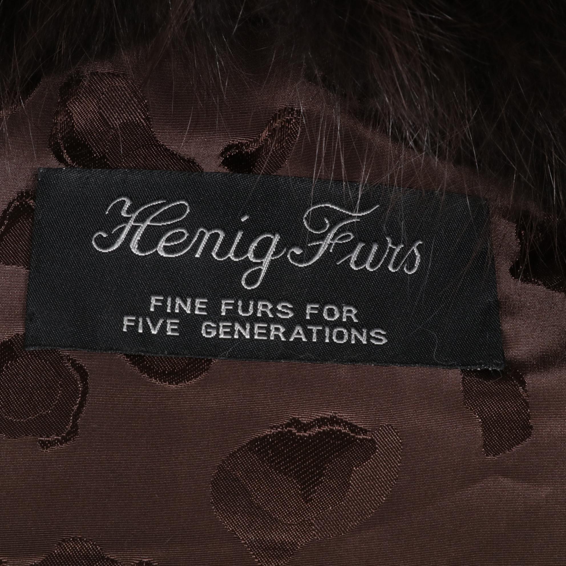 Henig Furs Dark Brown Mink Fur Stroller Coat with Fox Fur Trim