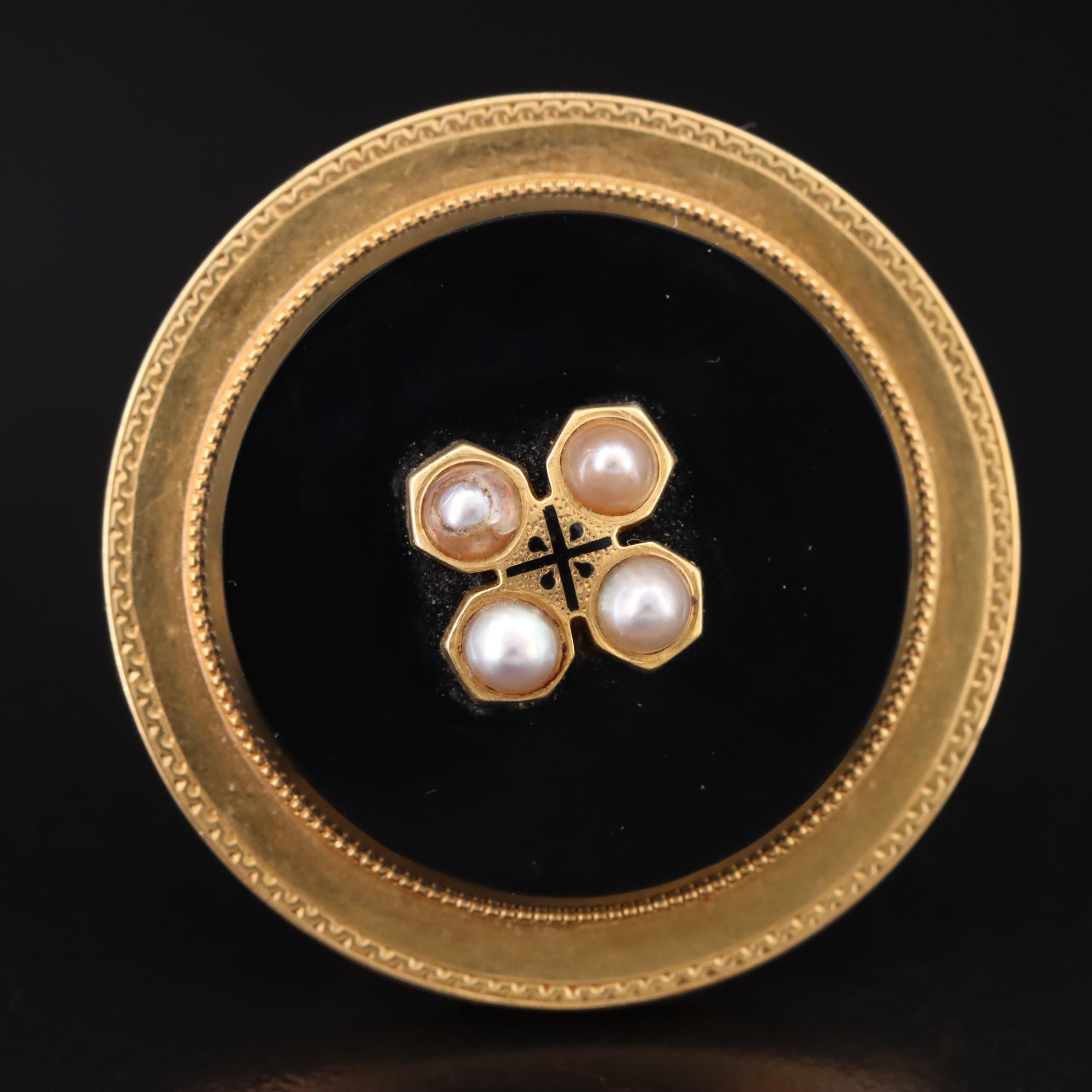 Victorian 18K Black Onyx and Pearl Mourning Brooch with Watch Hook